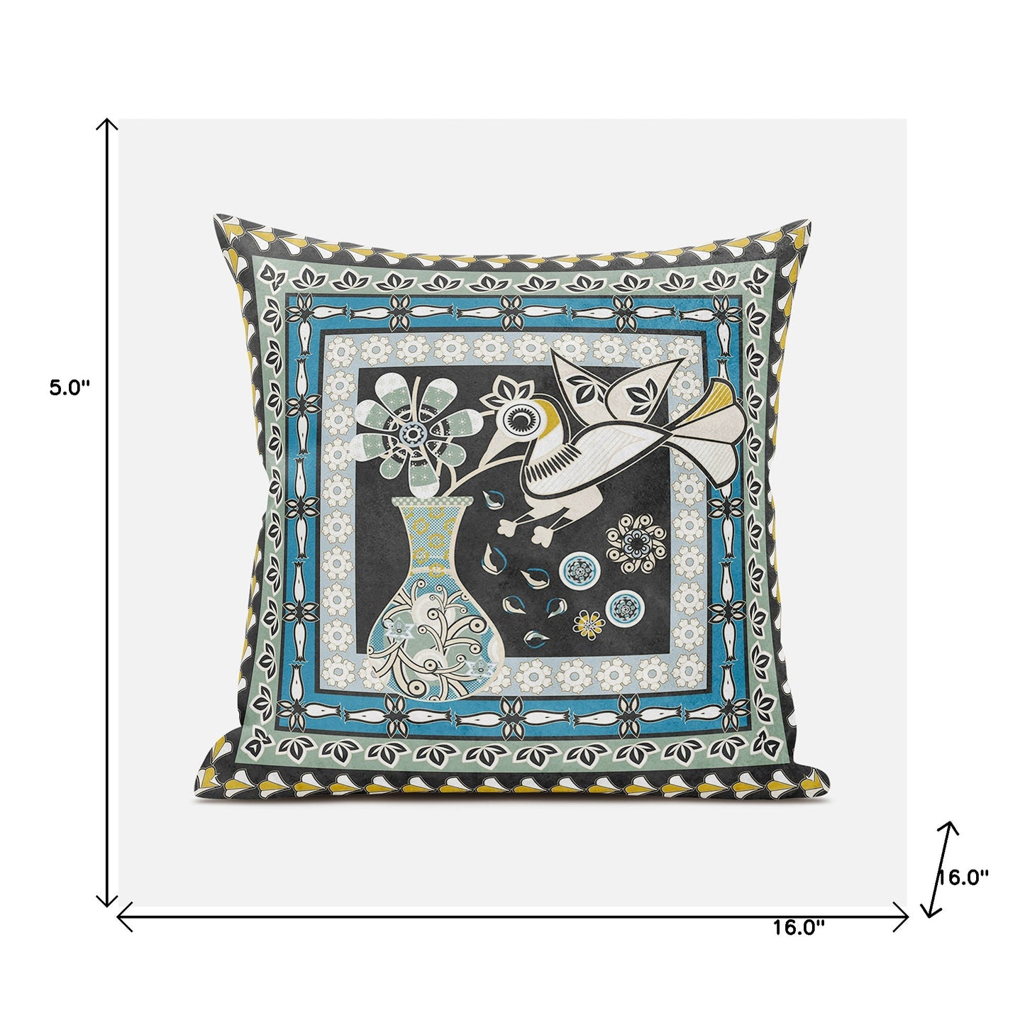 16" X 16" Black and Blue Peacock Broadcloth Floral Zippered Pillow