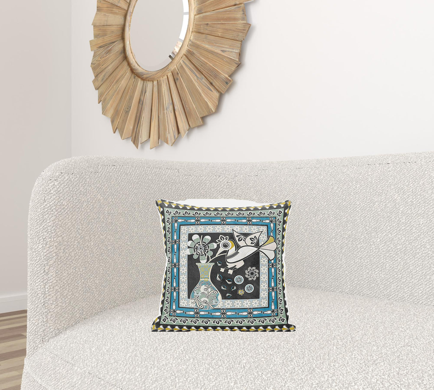 16" X 16" Black and Blue Peacock Broadcloth Floral Zippered Pillow