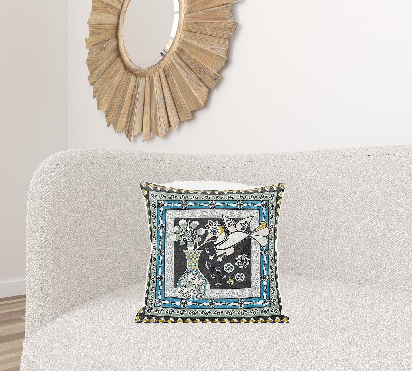 18" X 18" Black and Blue Peacock Broadcloth Floral Zippered Pillow