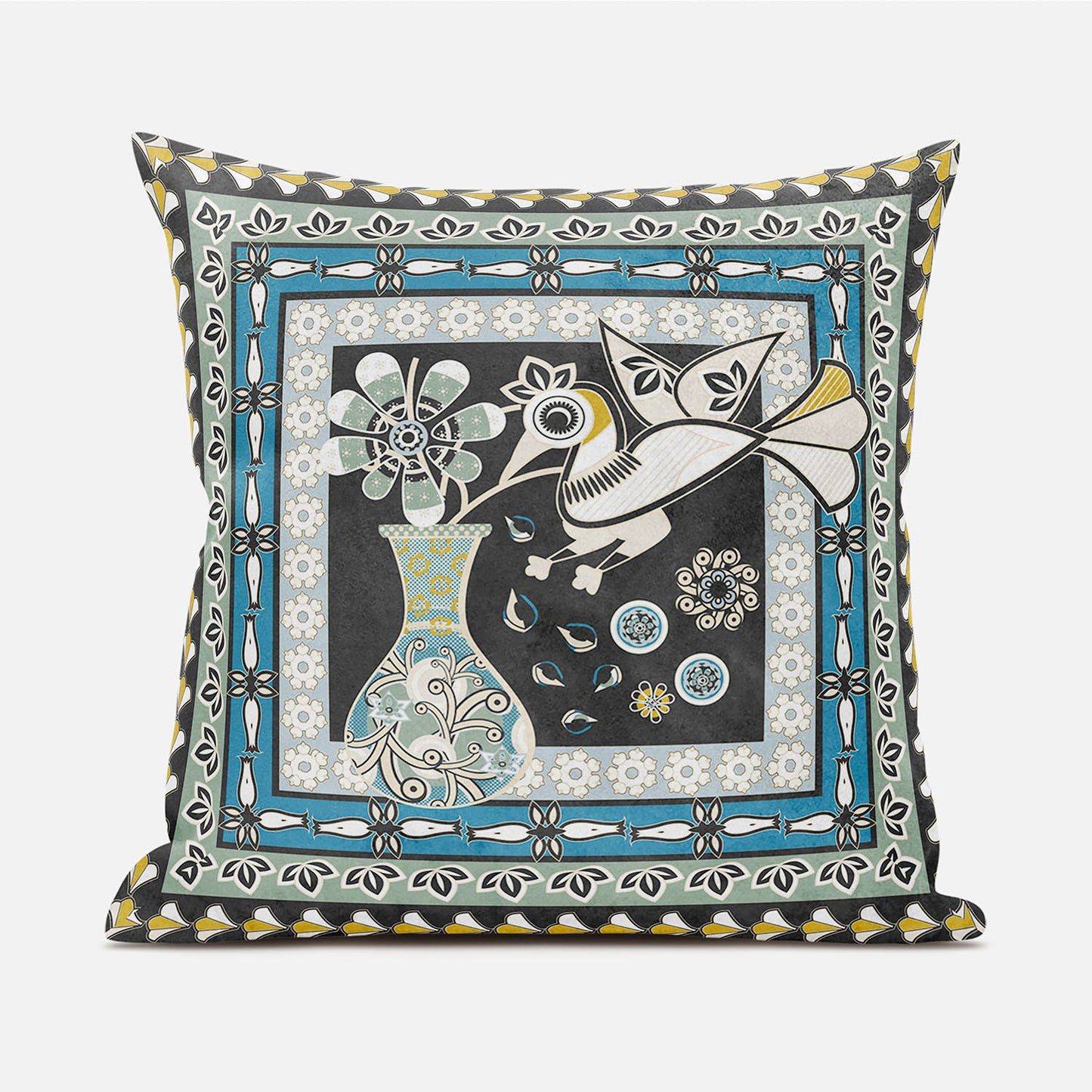 20" X 20" Black and Blue Peacock Broadcloth Floral Zippered Pillow