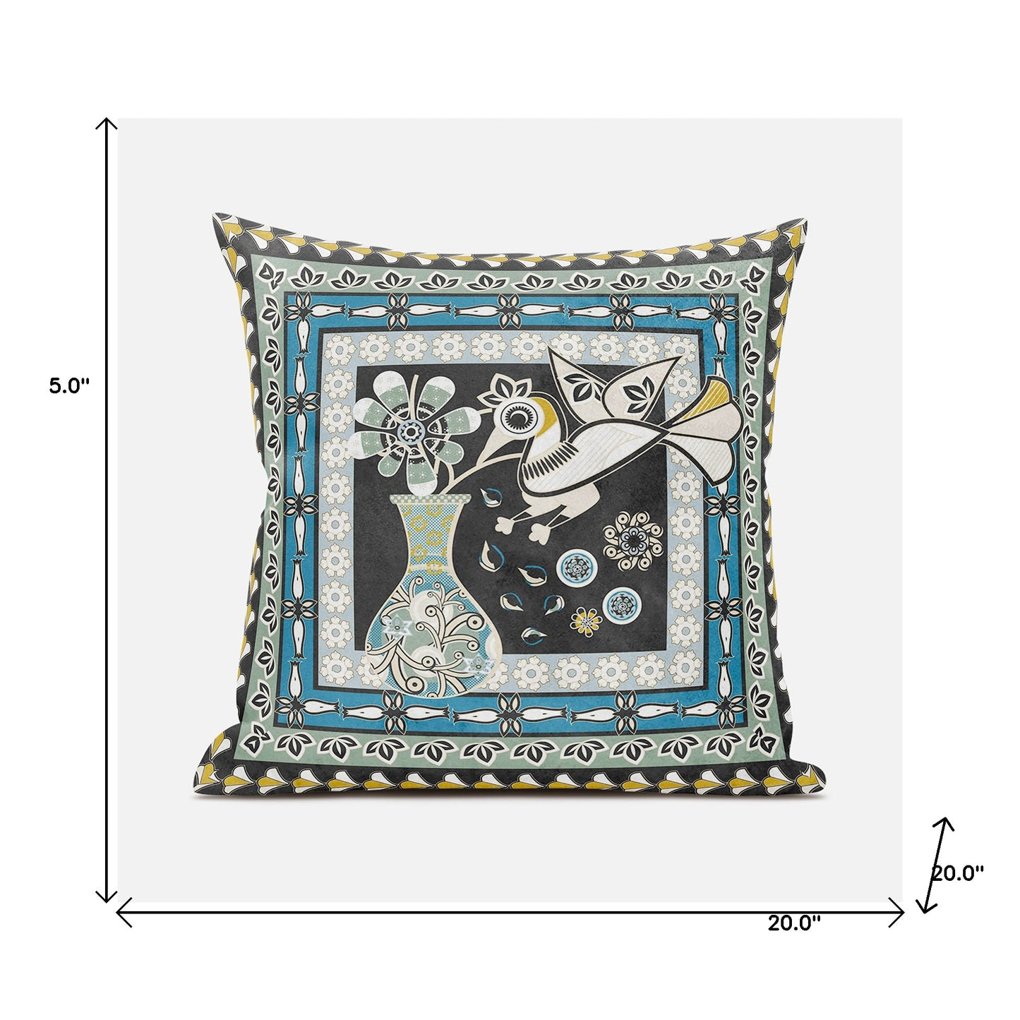 20" X 20" Black and Blue Peacock Broadcloth Floral Zippered Pillow