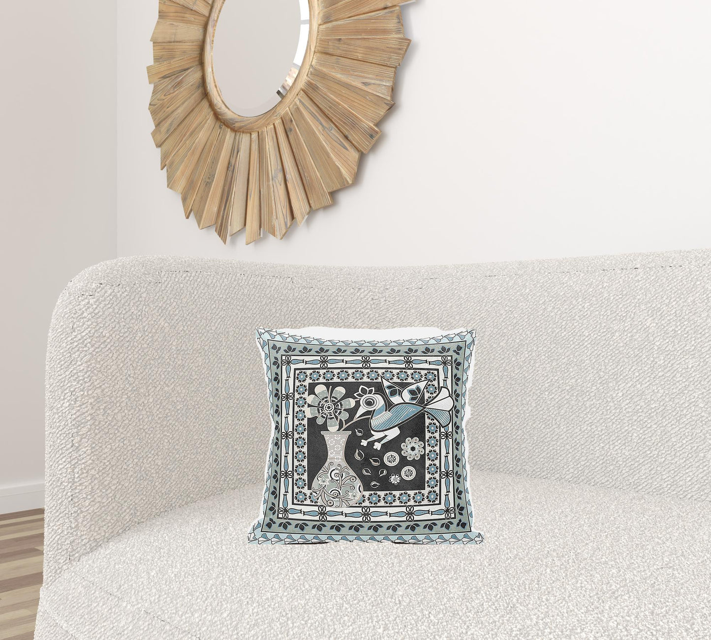16" X 16" Black and Blue Peacock Broadcloth Floral Zippered Pillow