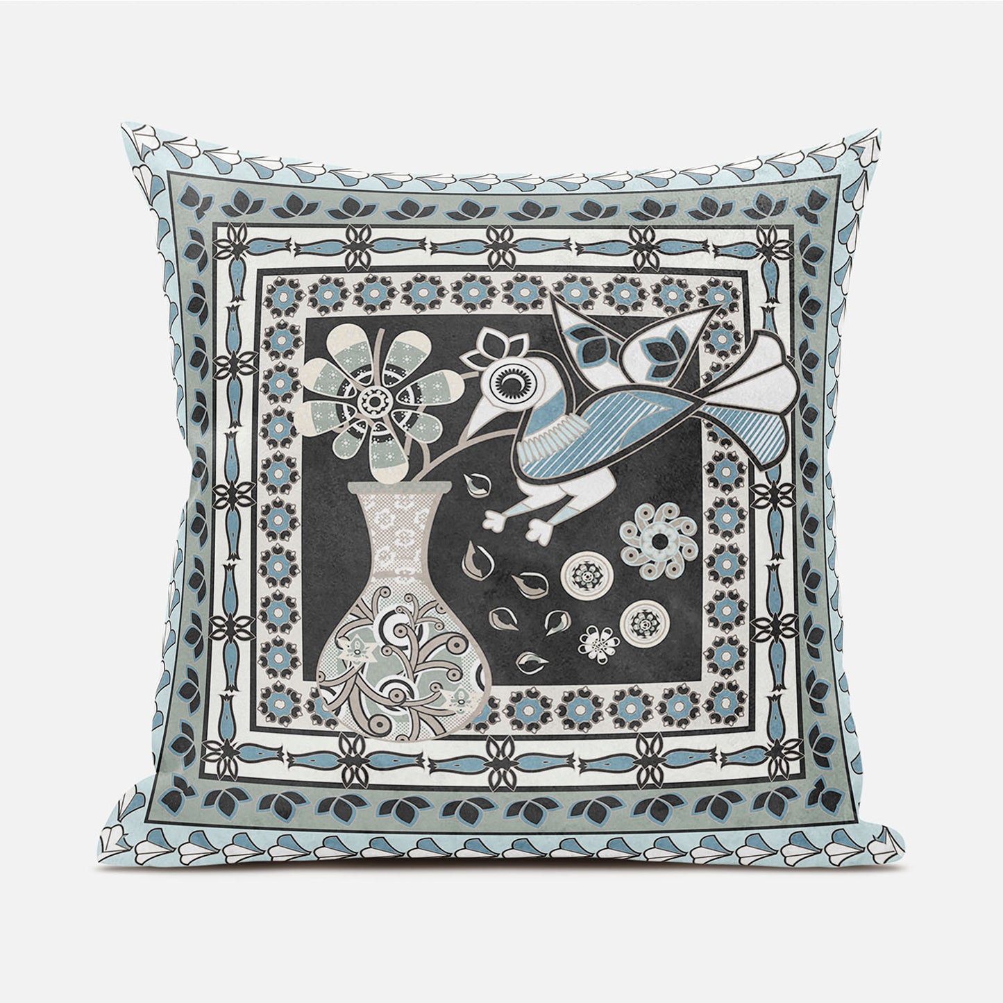 18" X 18" Black and Blue Peacock Broadcloth Floral Zippered Pillow