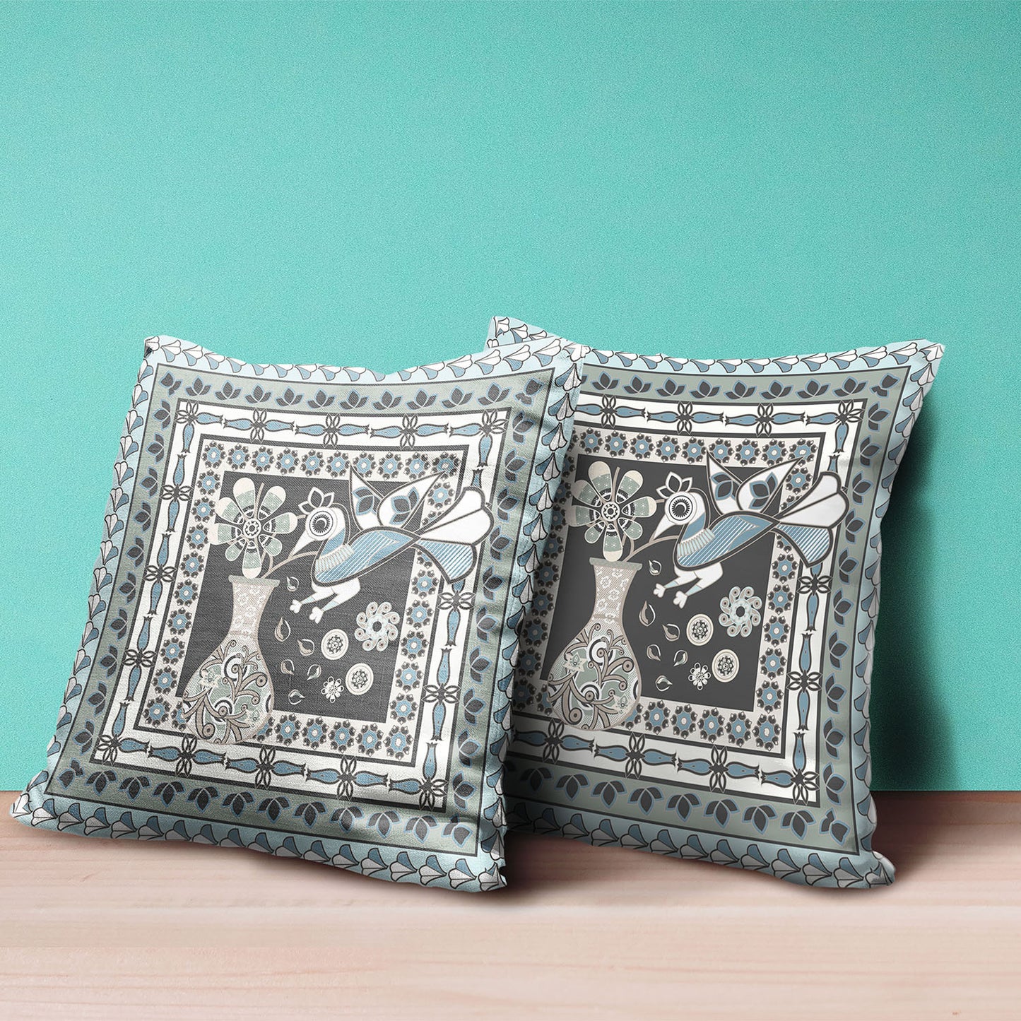 18" X 18" Black and Blue Peacock Broadcloth Floral Zippered Pillow