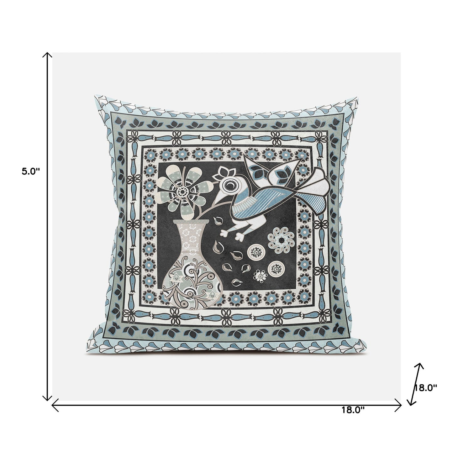 18" X 18" Black and Blue Peacock Broadcloth Floral Zippered Pillow