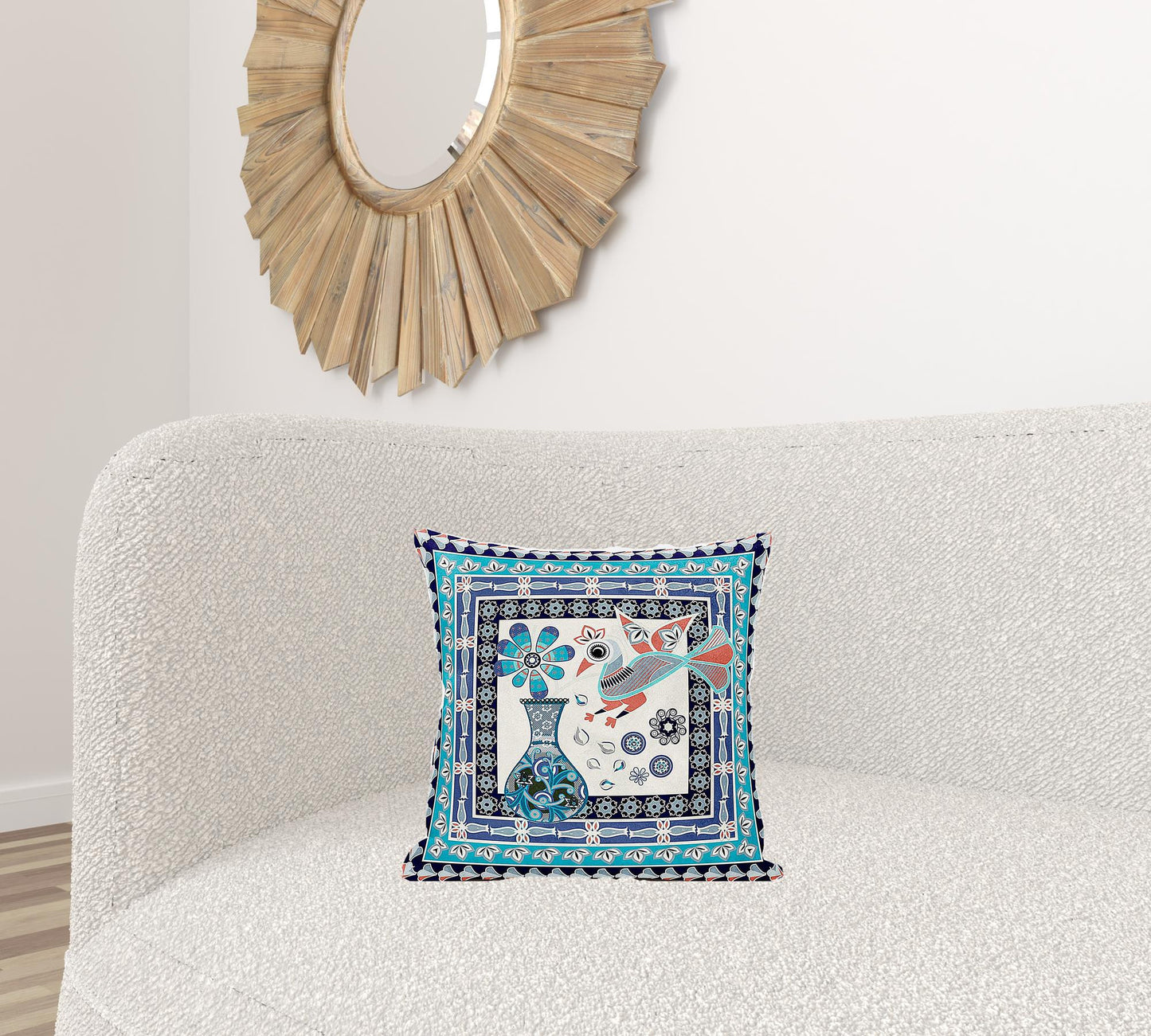 16" X 16" Blue and Off White Peacock Broadcloth Floral Zippered Pillow