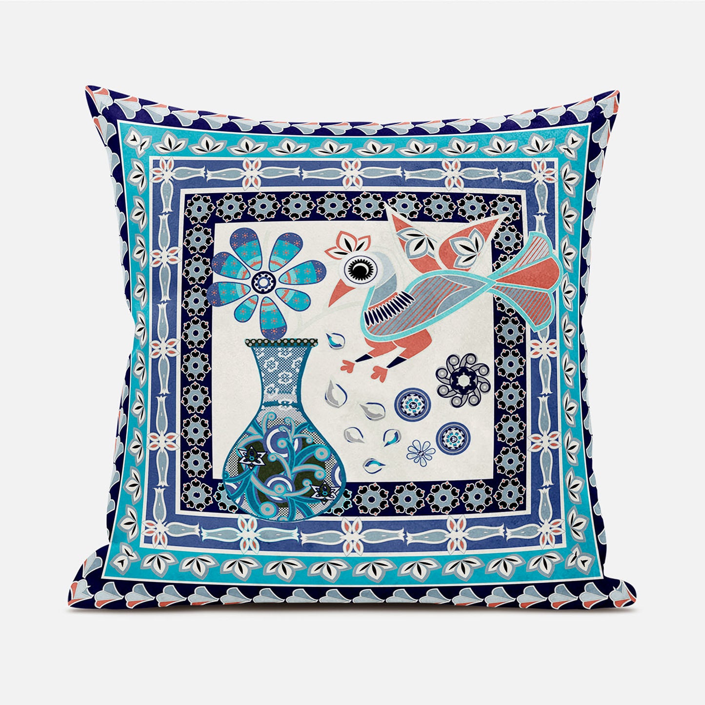 18" X 18" Blue and Off White Peacock Broadcloth Floral Zippered Pillow