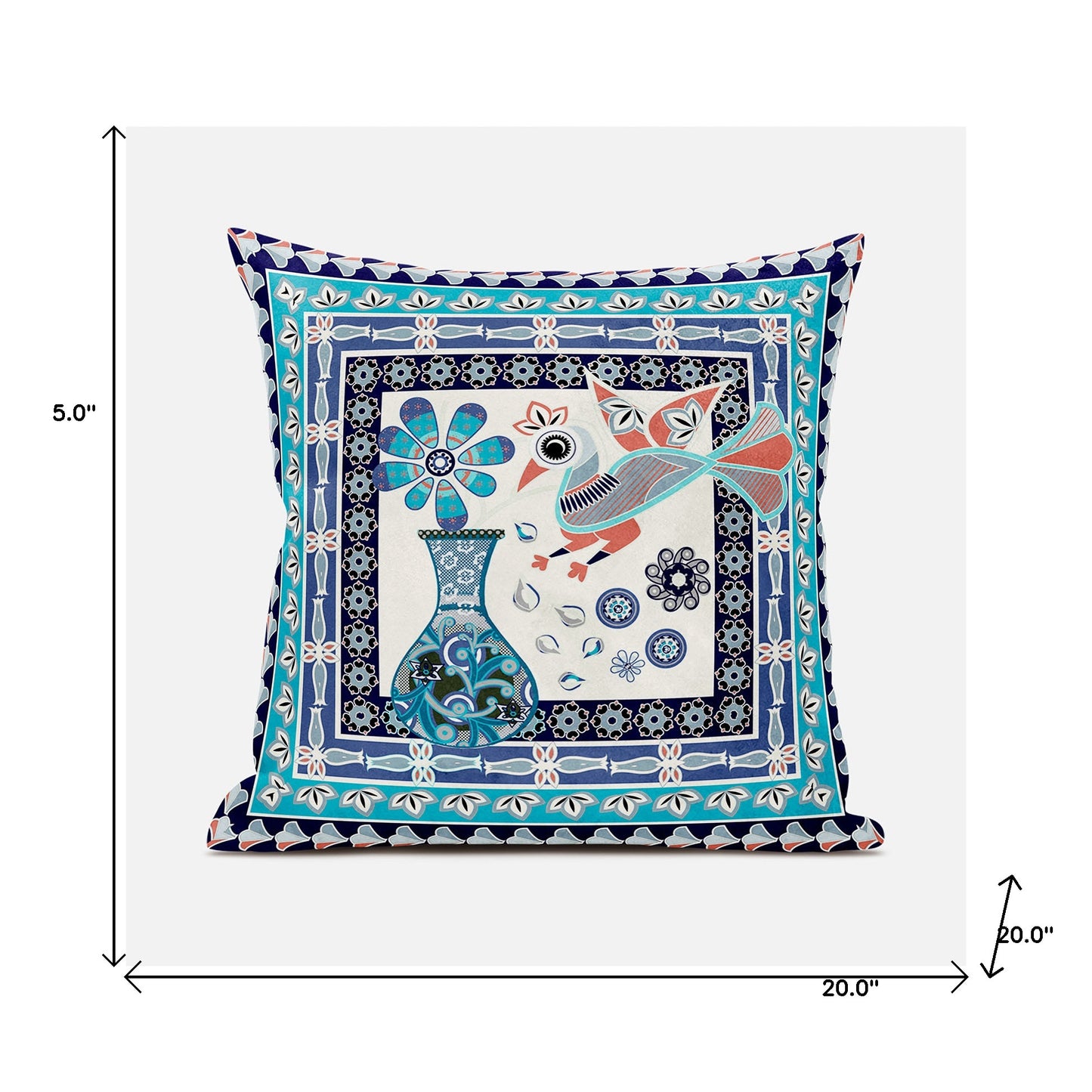 20" X 20" Blue and Off White Peacock Broadcloth Floral Zippered Pillow