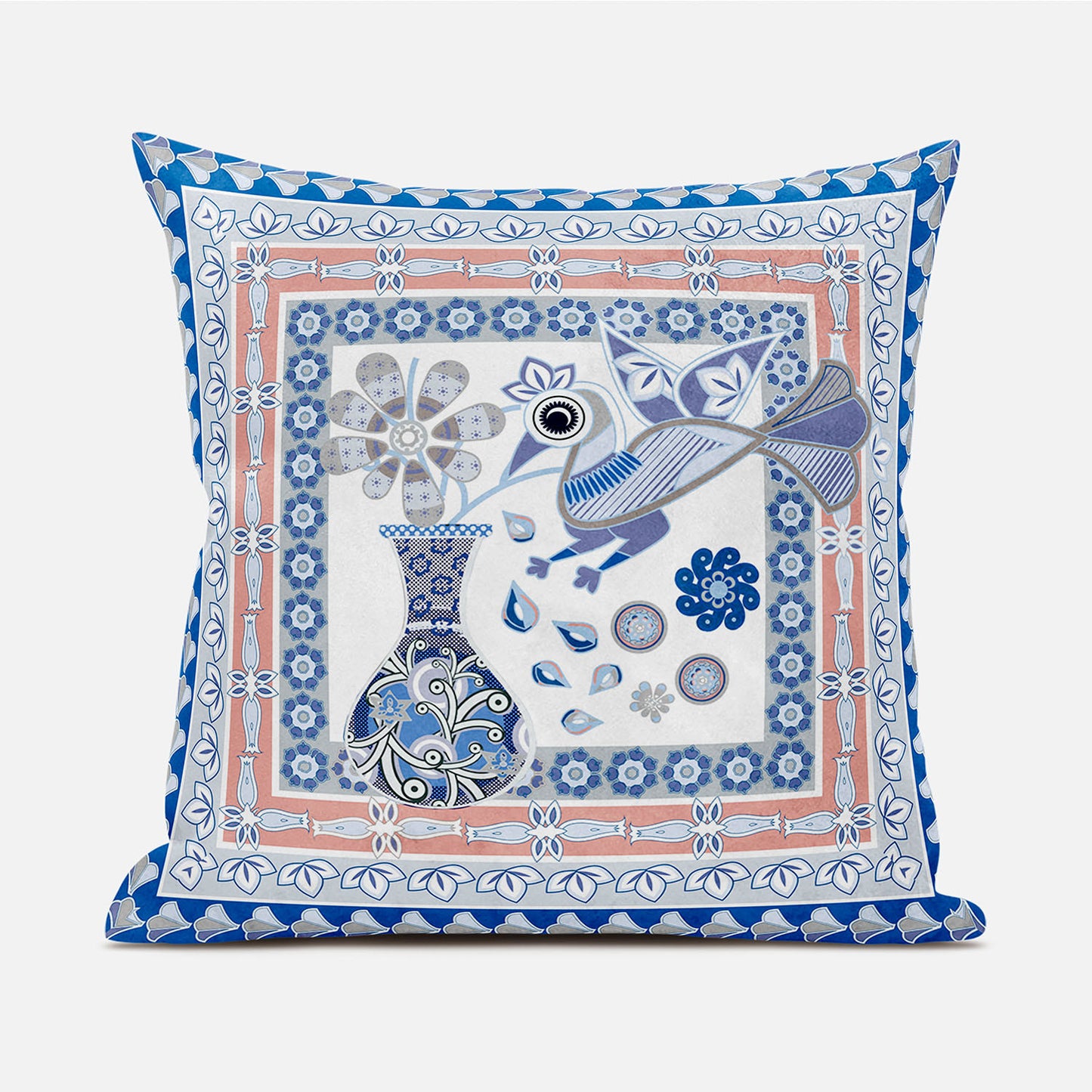 18" X 18" Blue and Gray Peacock Broadcloth Floral Zippered Pillow
