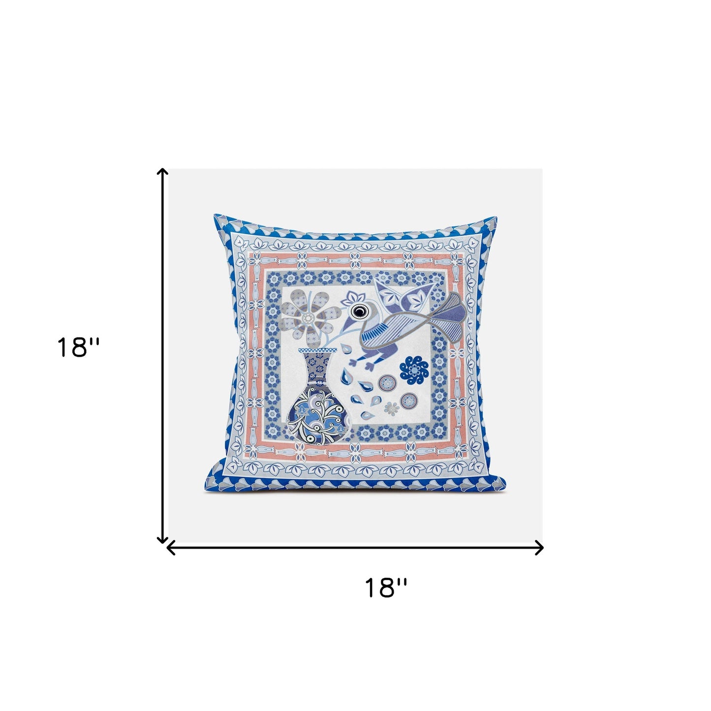 18" X 18" Blue and Gray Peacock Broadcloth Floral Zippered Pillow