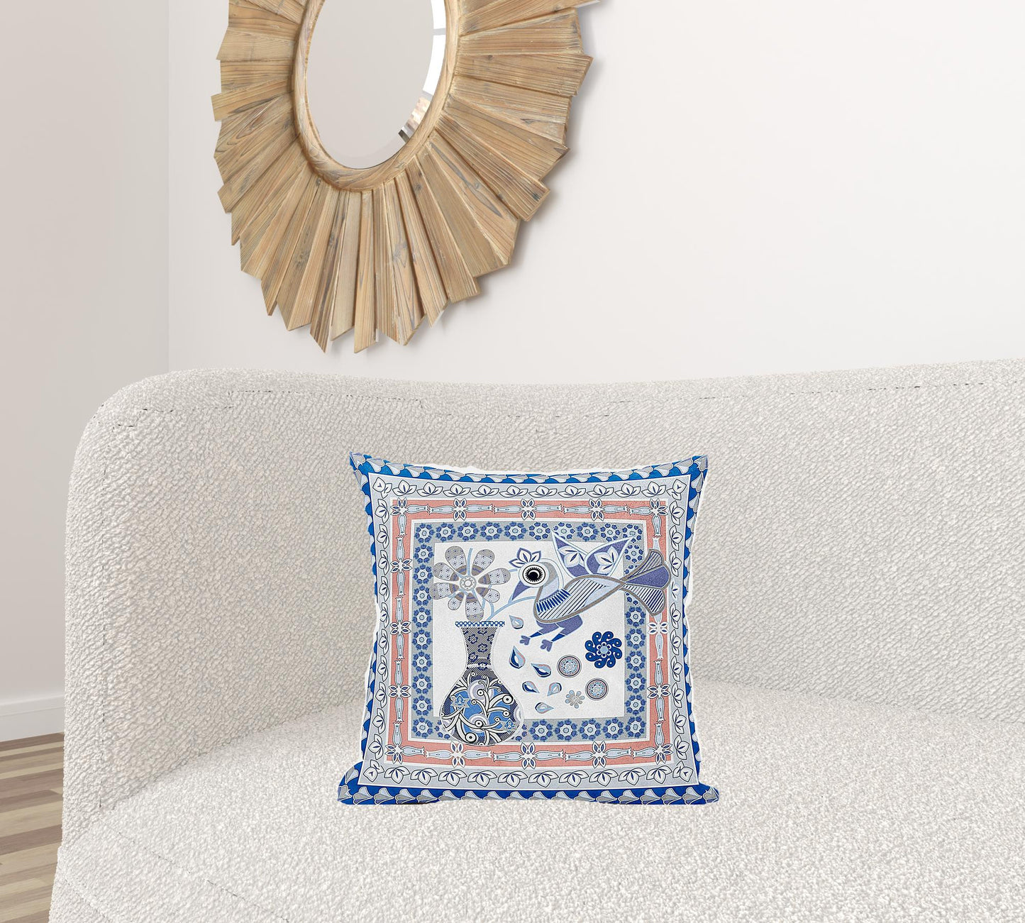 18" X 18" Blue and Gray Peacock Broadcloth Floral Zippered Pillow