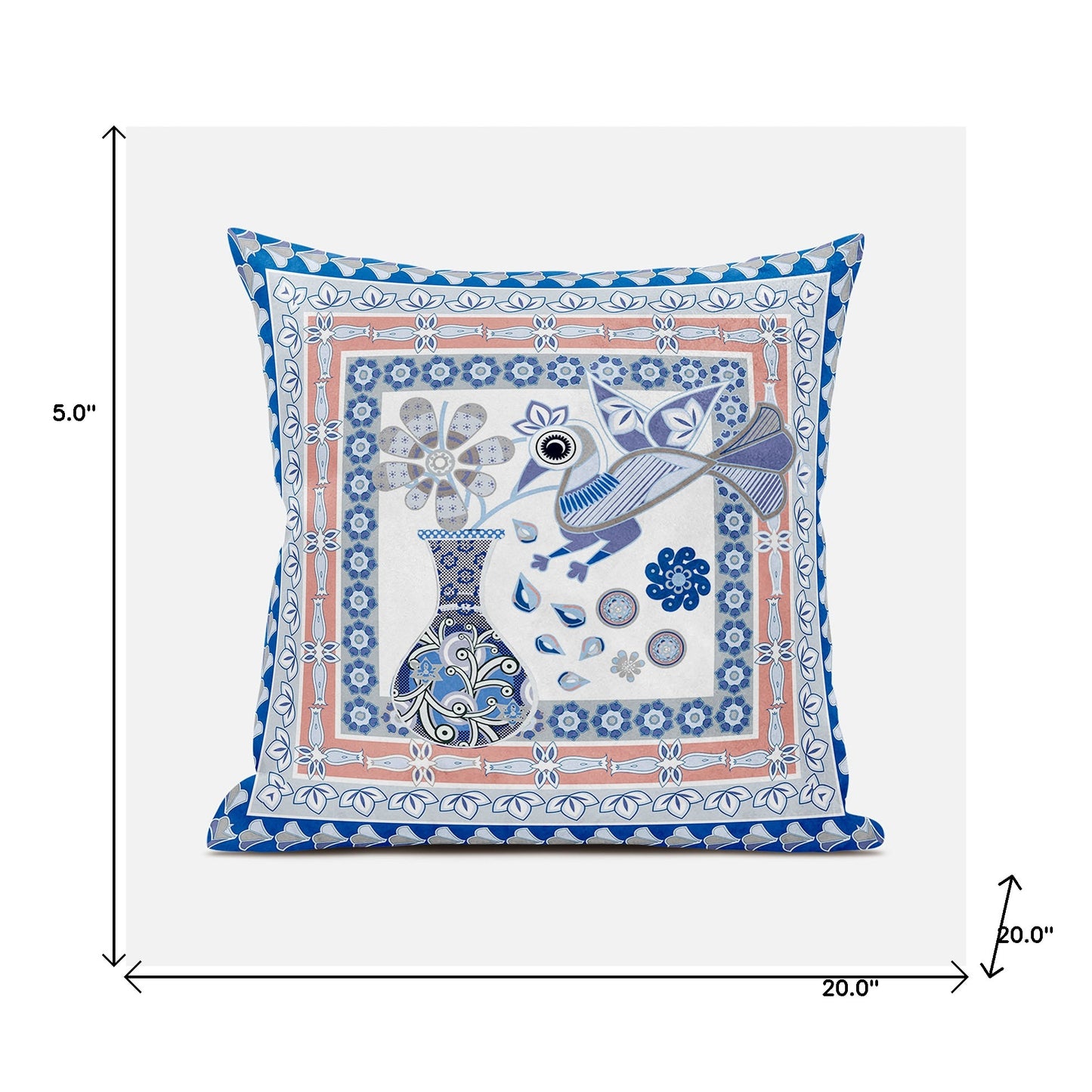 20" X 20" Blue and Gray Peacock Broadcloth Floral Zippered Pillow