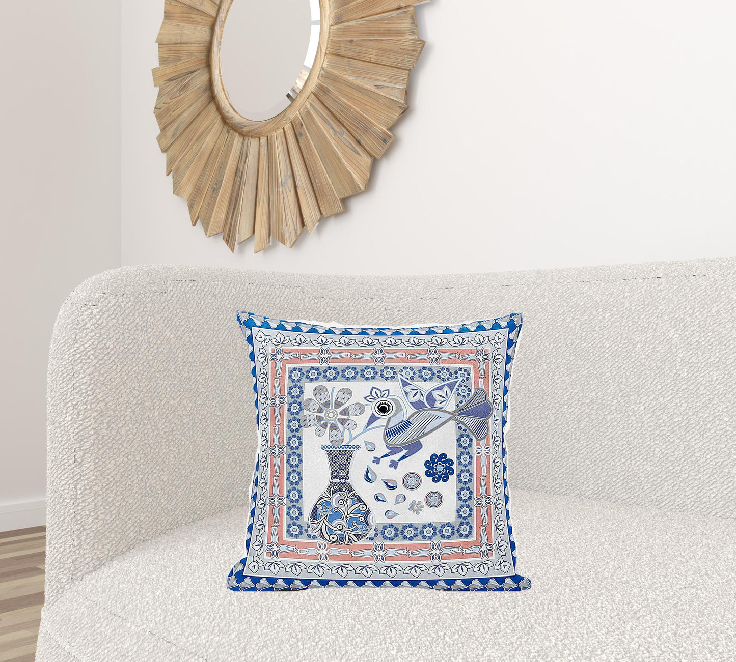 20" X 20" Blue and Gray Peacock Broadcloth Floral Zippered Pillow