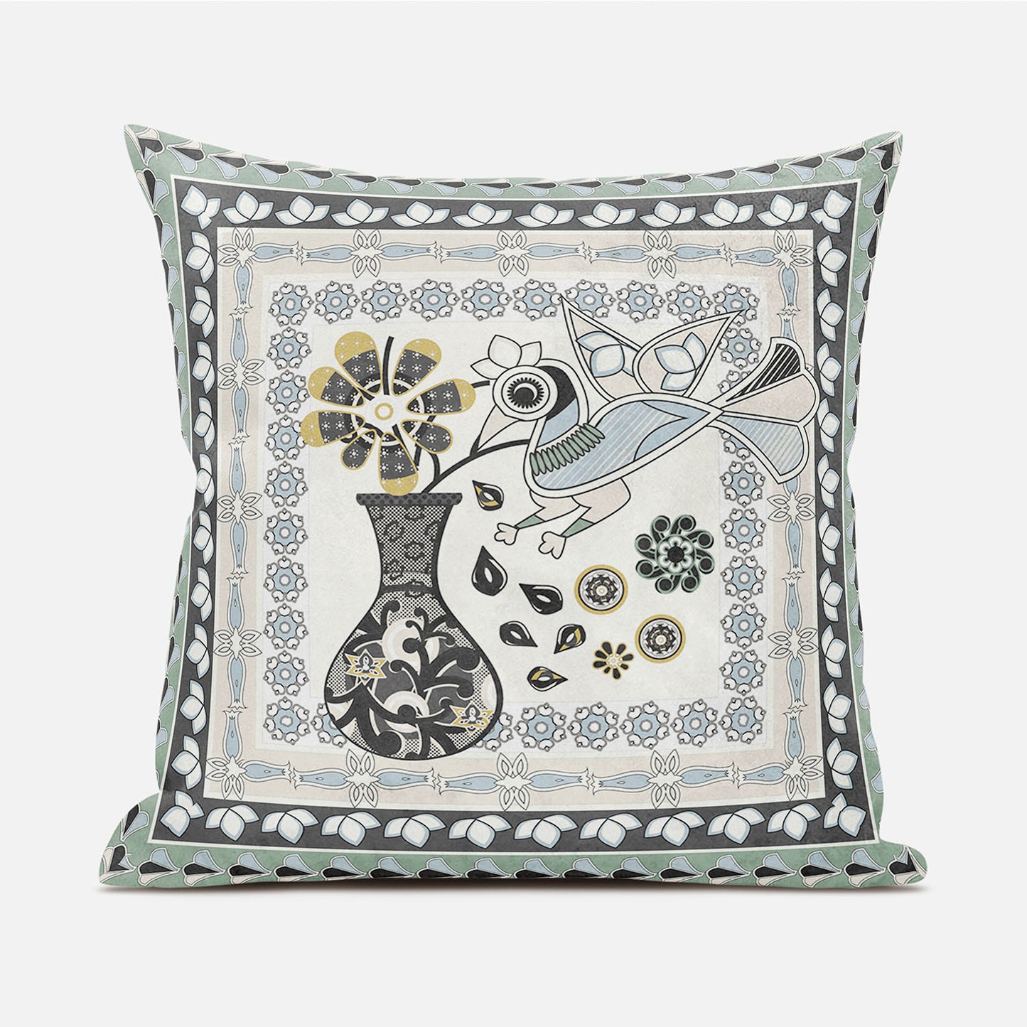 16" X 16" Black and Gray Peacock Broadcloth Floral Zippered Pillow