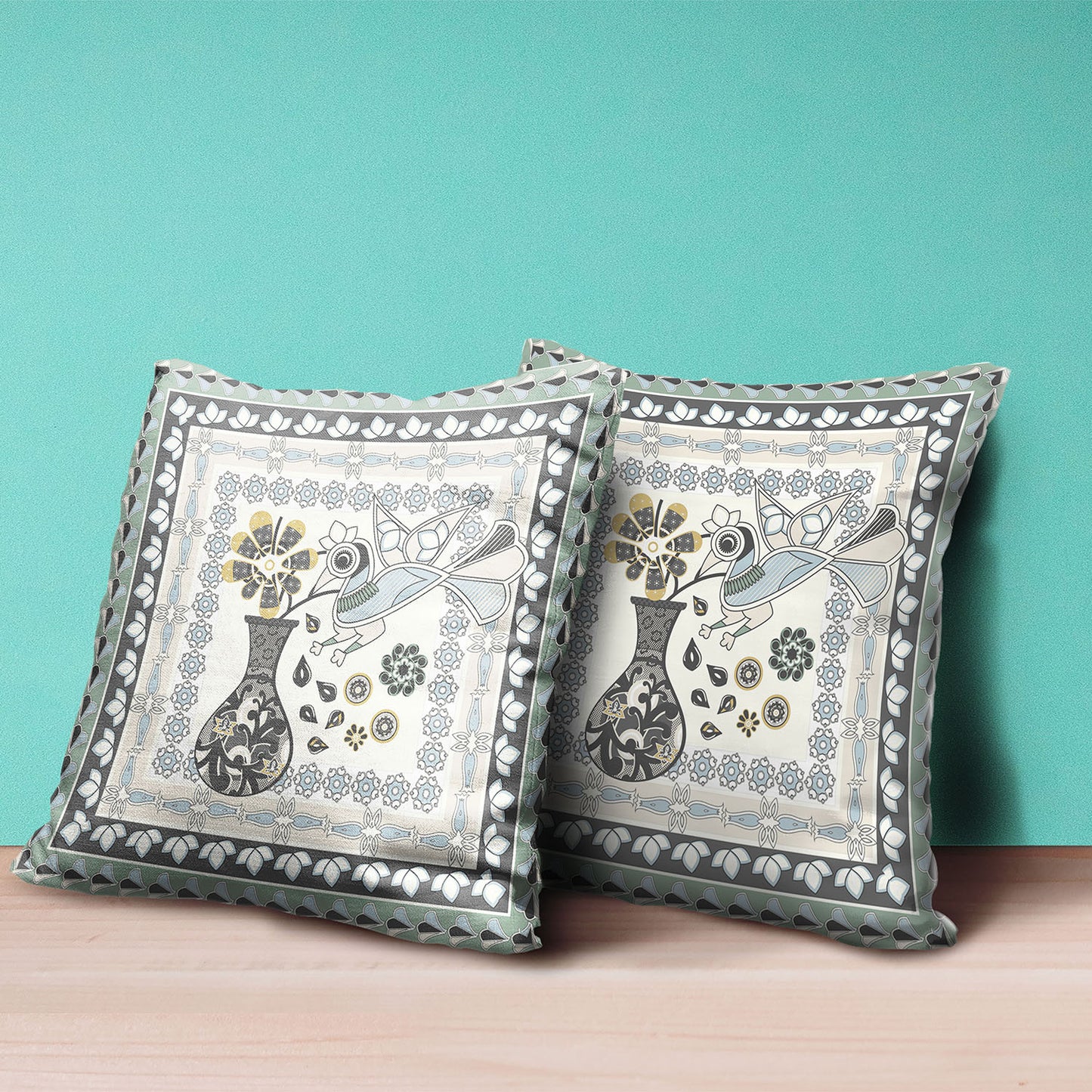 16" X 16" Black and Gray Peacock Broadcloth Floral Zippered Pillow