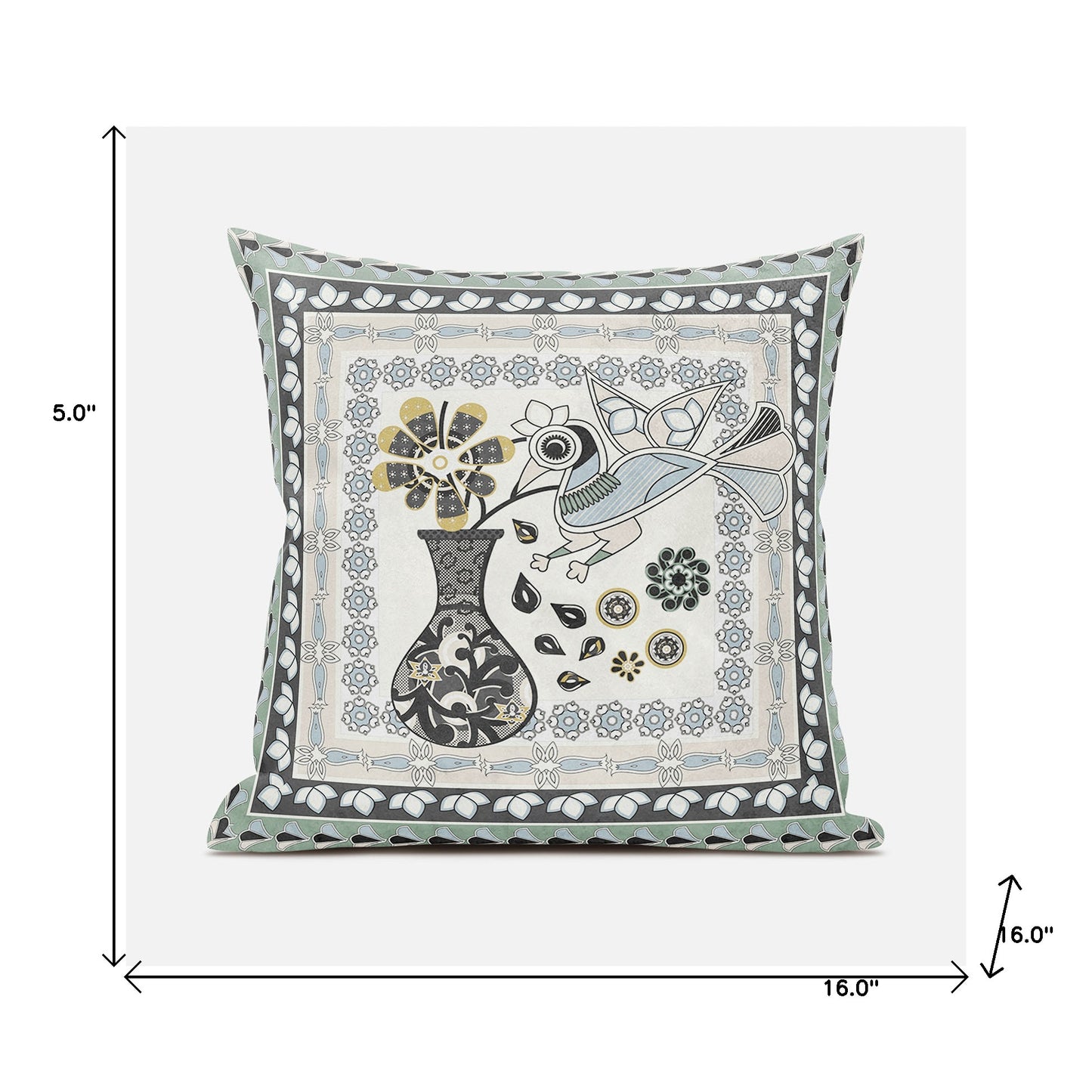 16" X 16" Black and Gray Peacock Broadcloth Floral Zippered Pillow