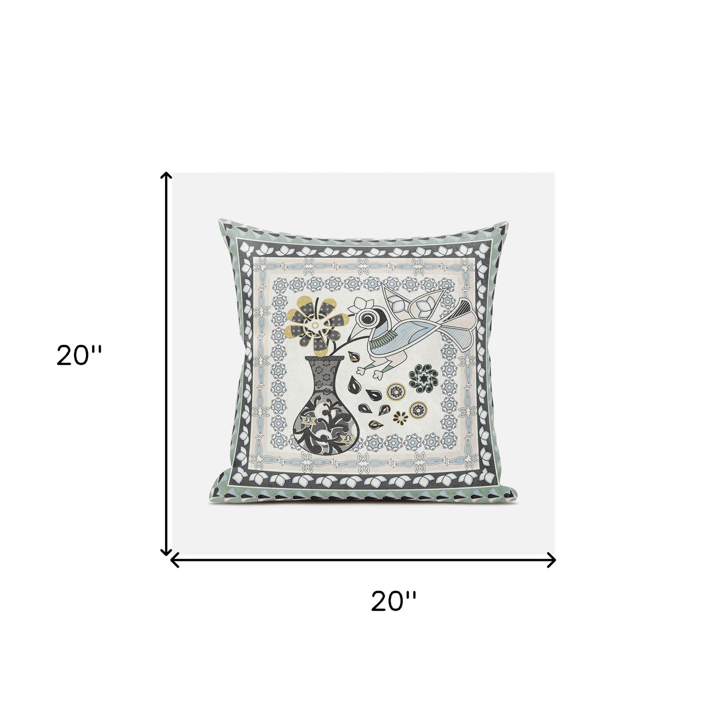 20" X 20" Black and Gray Peacock Broadcloth Floral Zippered Pillow