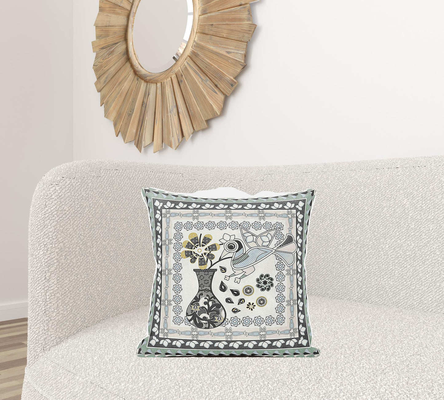 20" X 20" Black and Gray Peacock Broadcloth Floral Zippered Pillow