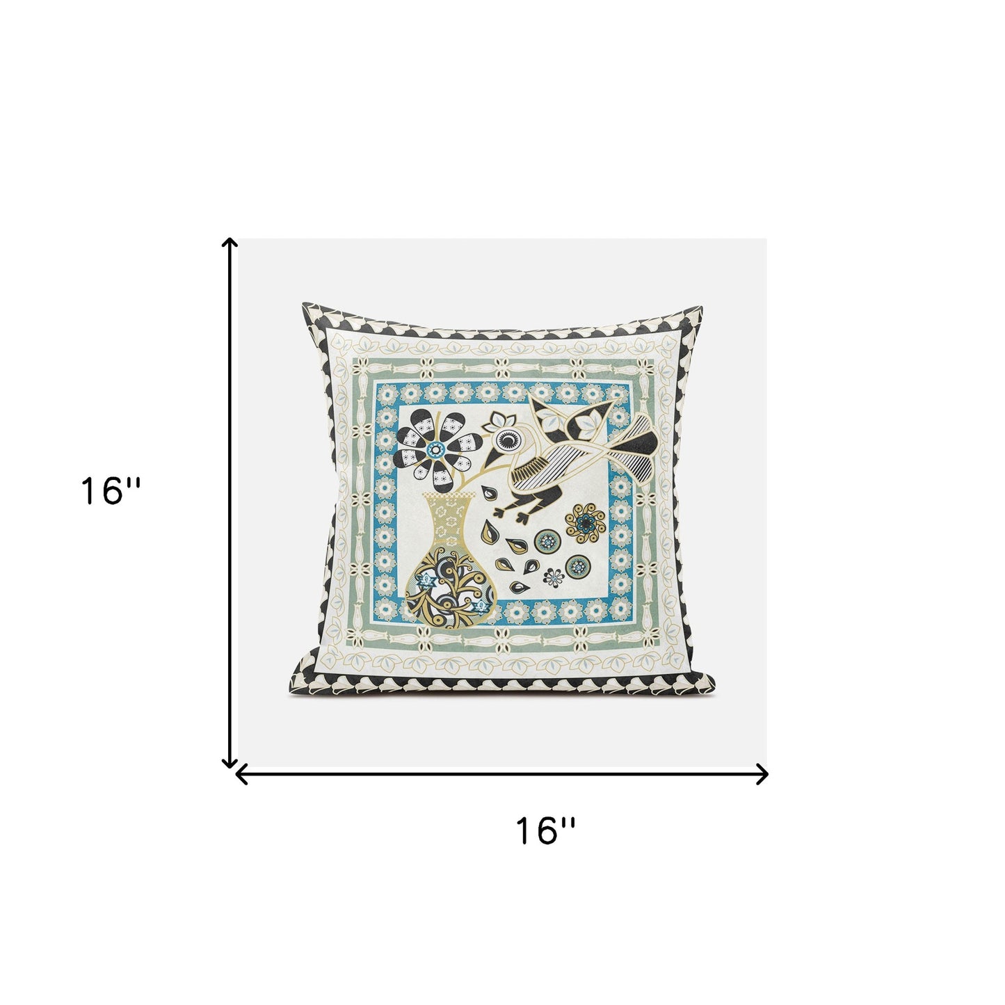 16" X 16" Blue and Yellow Peacock Broadcloth Floral Zippered Pillow