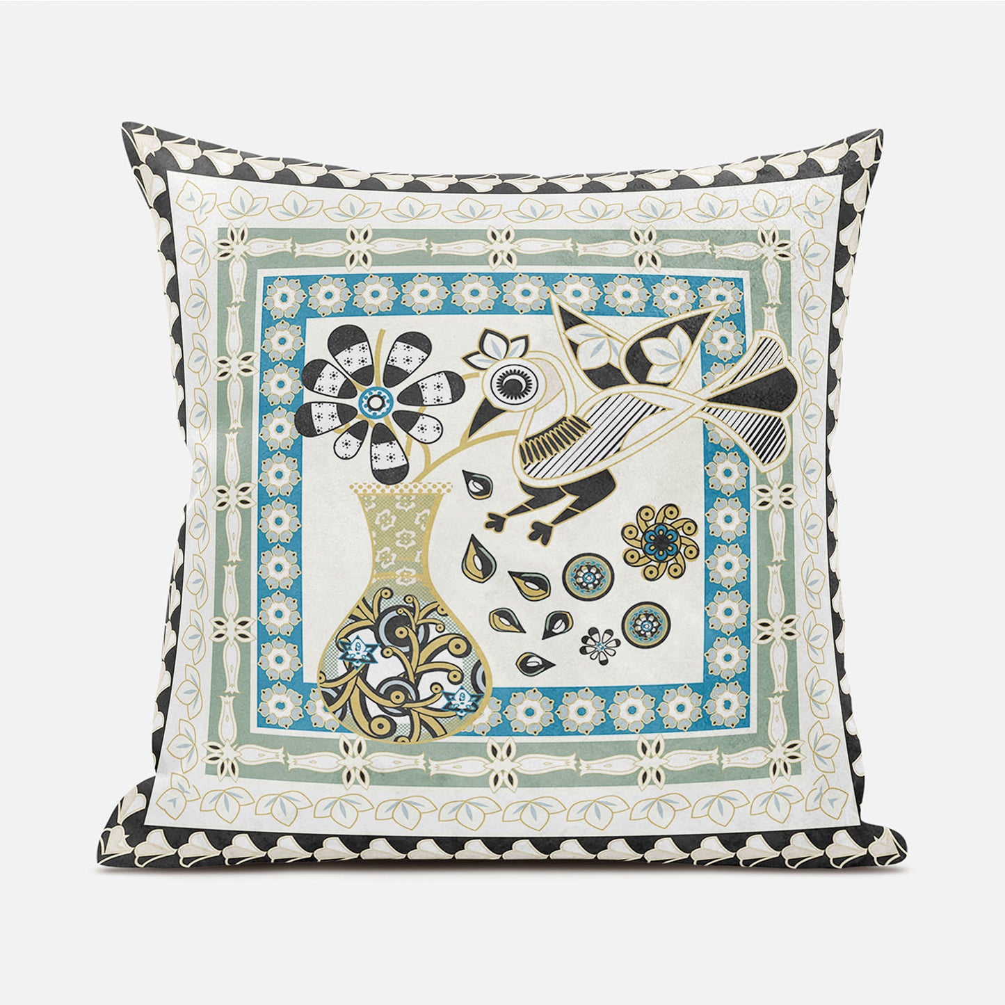 20" X 20" Blue and Yellow Peacock Broadcloth Floral Zippered Pillow