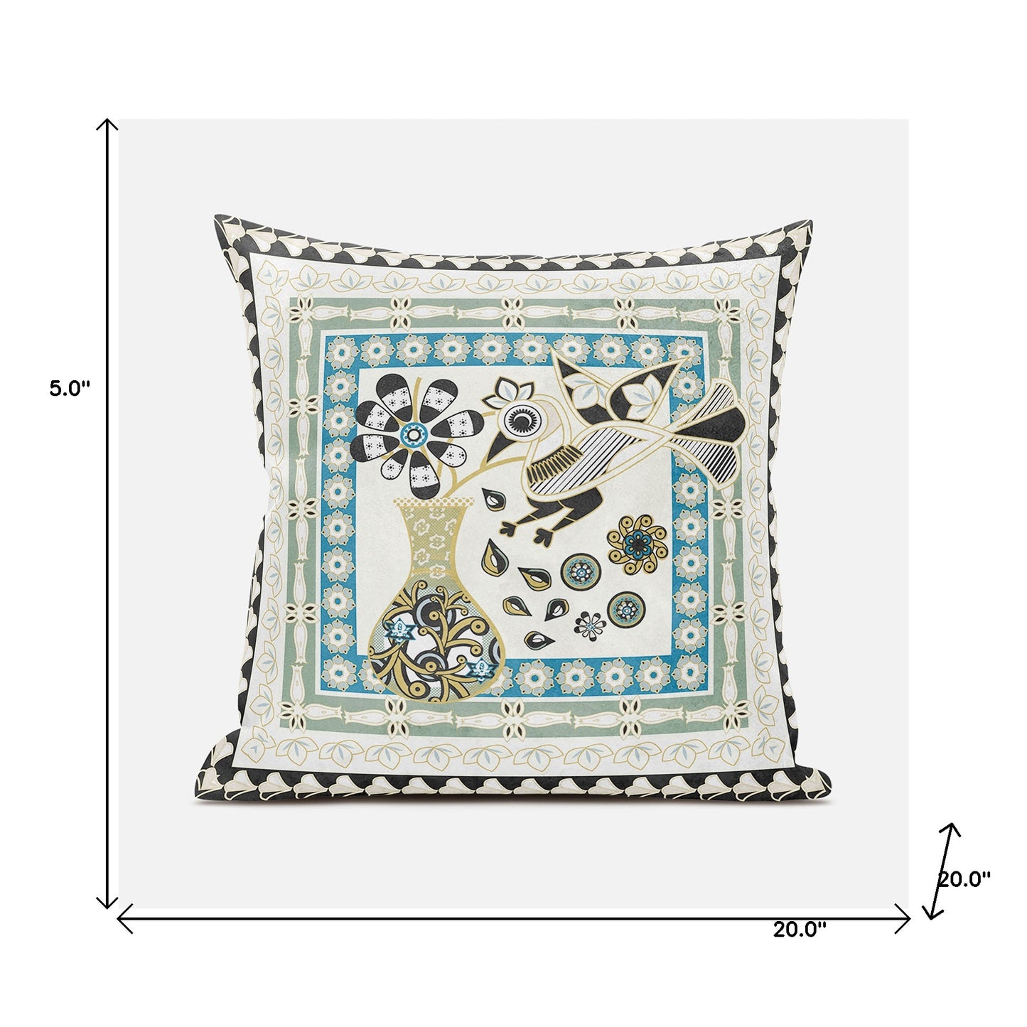 20" X 20" Blue and Yellow Peacock Broadcloth Floral Zippered Pillow