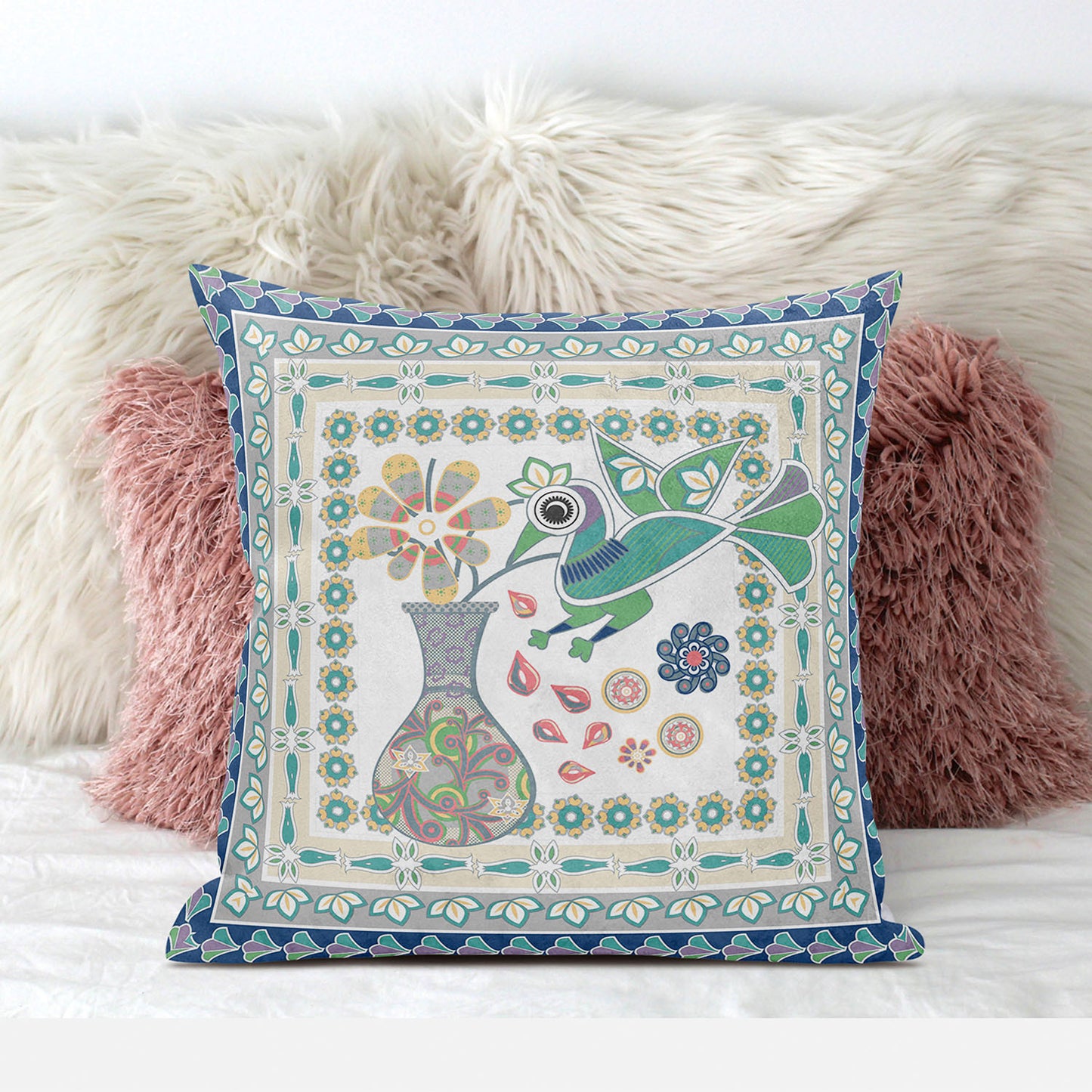 16" X 16" Green and Yellow Peacock Broadcloth Floral Zippered Pillow
