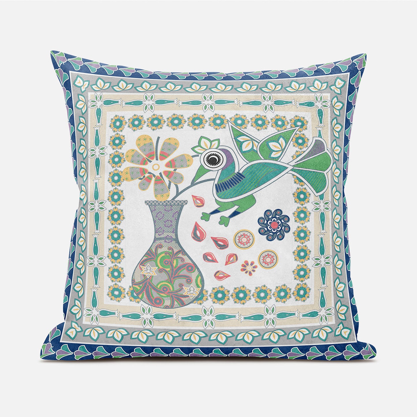16" X 16" Green and Yellow Peacock Broadcloth Floral Zippered Pillow