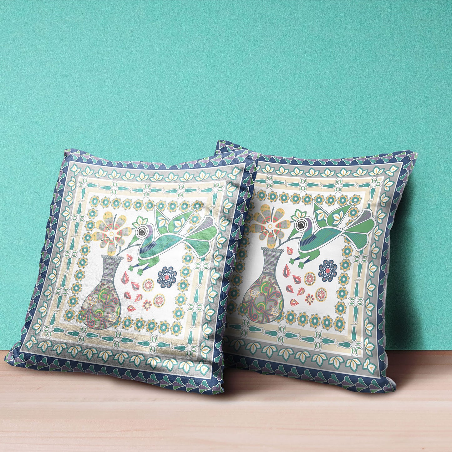 16" X 16" Green and Yellow Peacock Broadcloth Floral Zippered Pillow