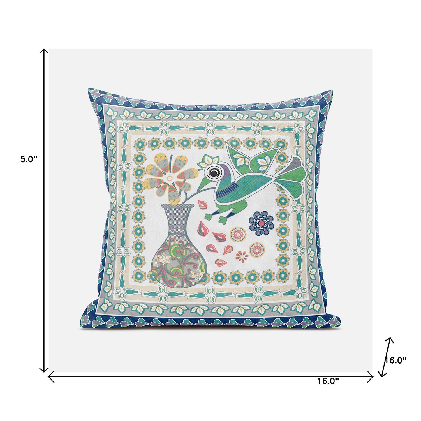 16" X 16" Green and Yellow Peacock Broadcloth Floral Zippered Pillow