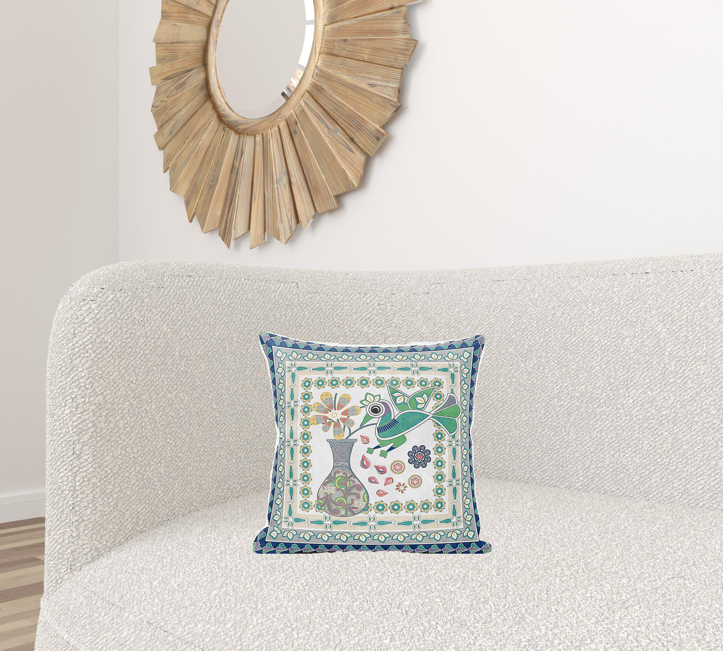 16" X 16" Green and Yellow Peacock Broadcloth Floral Zippered Pillow