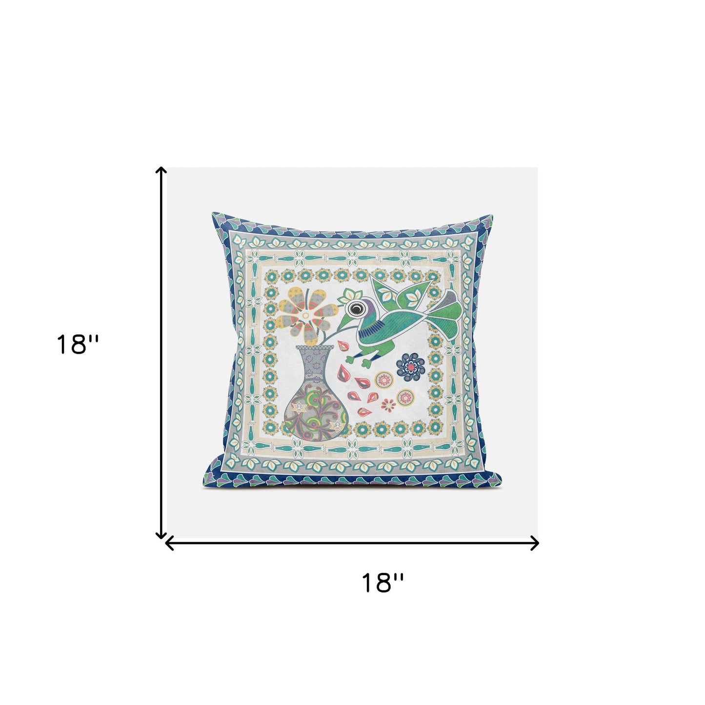 18" X 18" Green and Yellow Peacock Broadcloth Floral Zippered Pillow