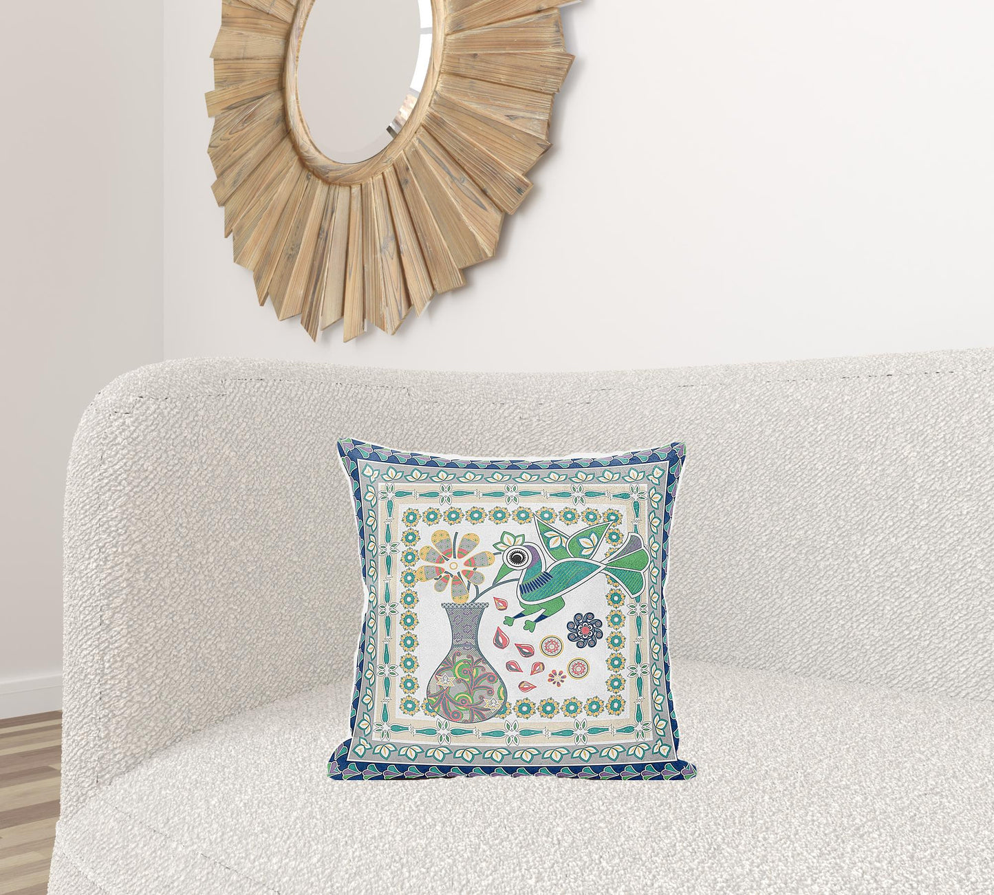 18" X 18" Green and Yellow Peacock Broadcloth Floral Zippered Pillow