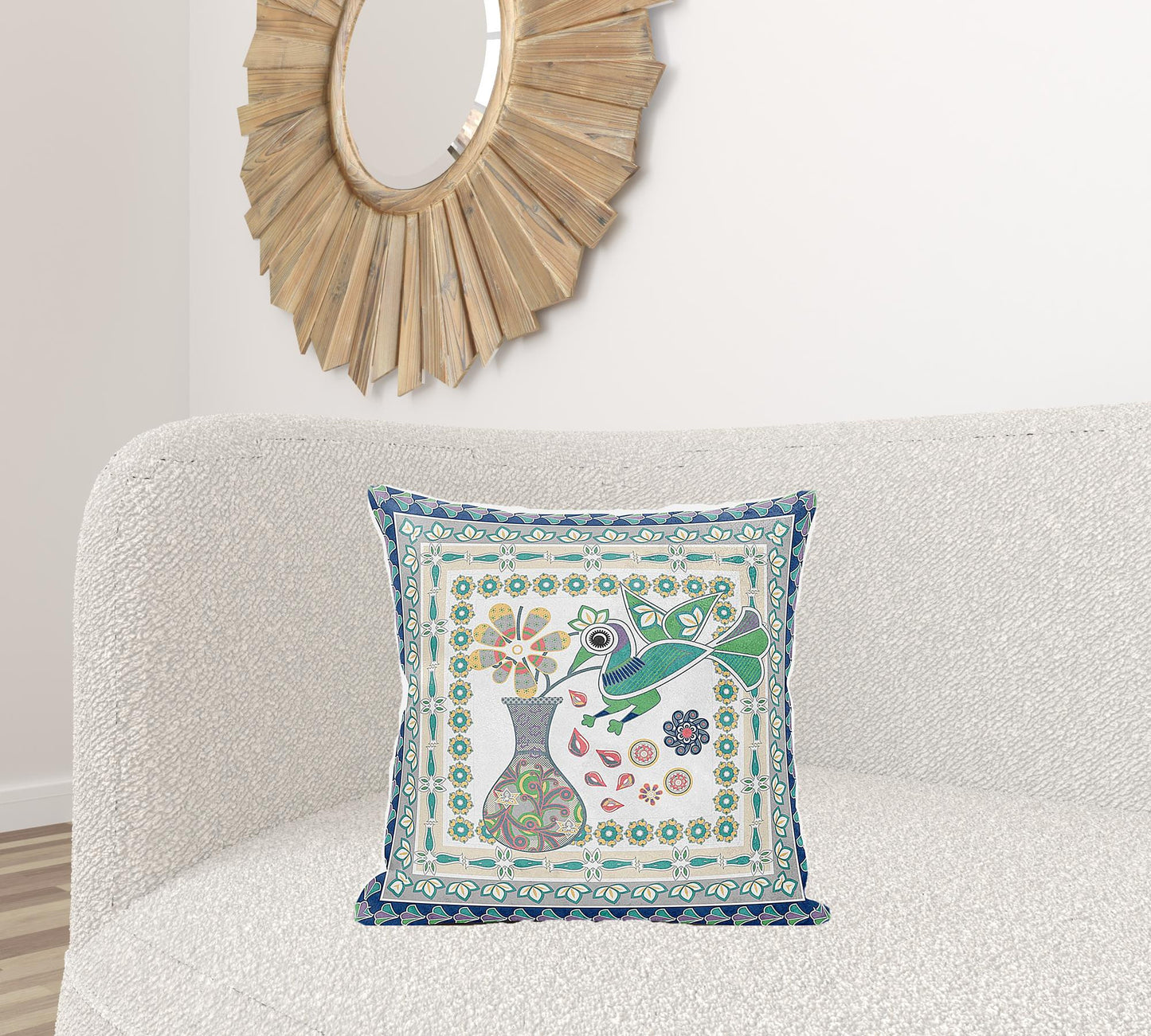 20" X 20" Green and Yellow Peacock Broadcloth Floral Zippered Pillow