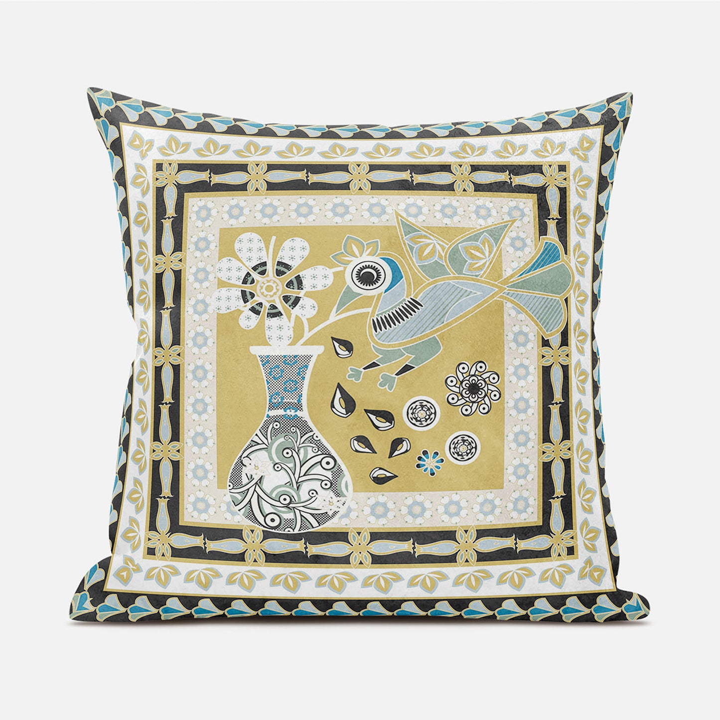 18" X 18" Beige and White Peacock Broadcloth Floral Zippered Pillow