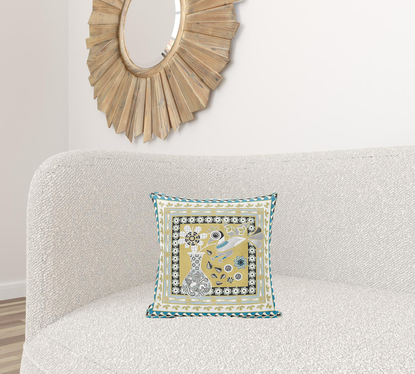 16" X 16" Beige and White Peacock Broadcloth Floral Zippered Pillow