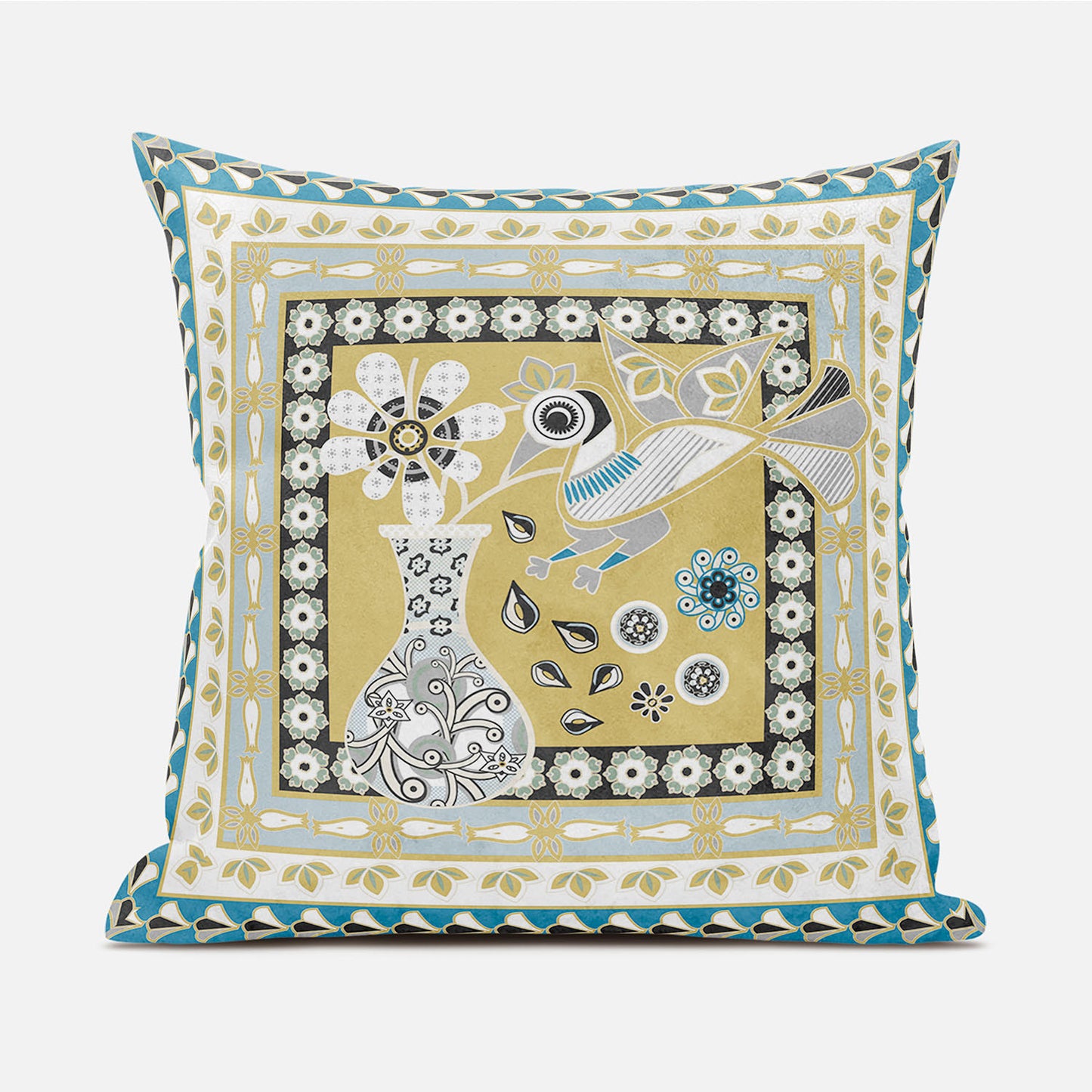 18" X 18" Beige and White Peacock Broadcloth Floral Zippered Pillow