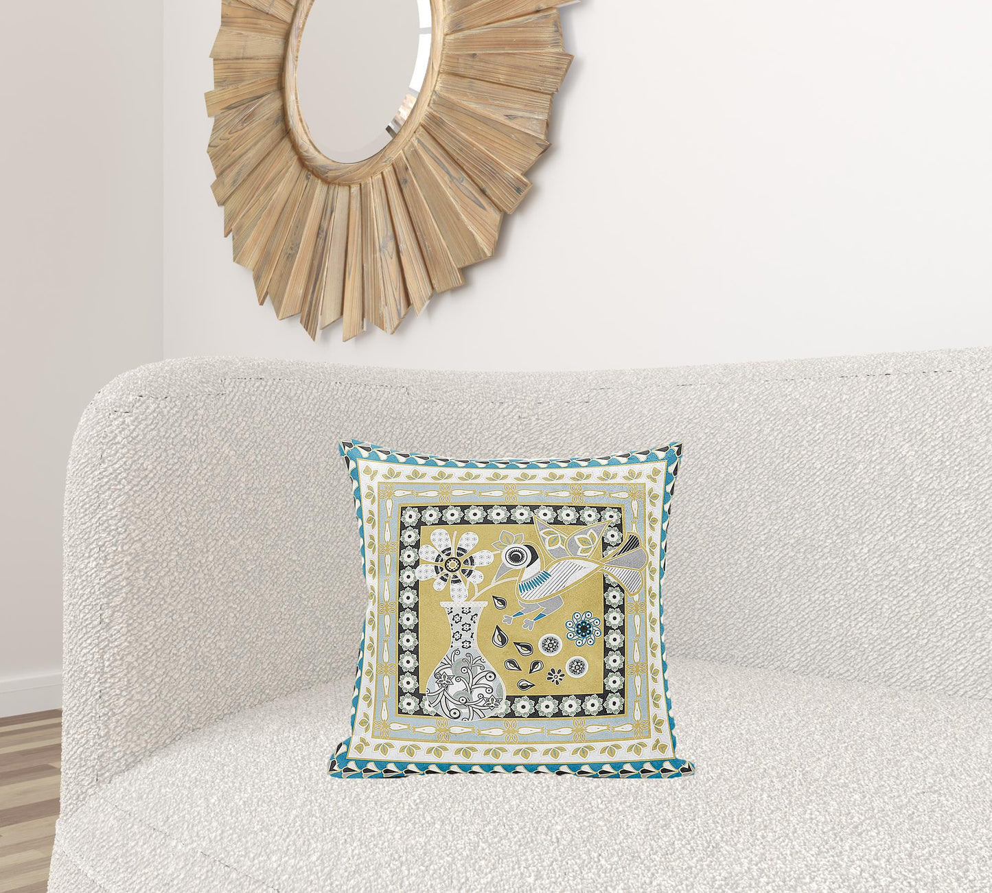 18" X 18" Beige and White Peacock Broadcloth Floral Zippered Pillow