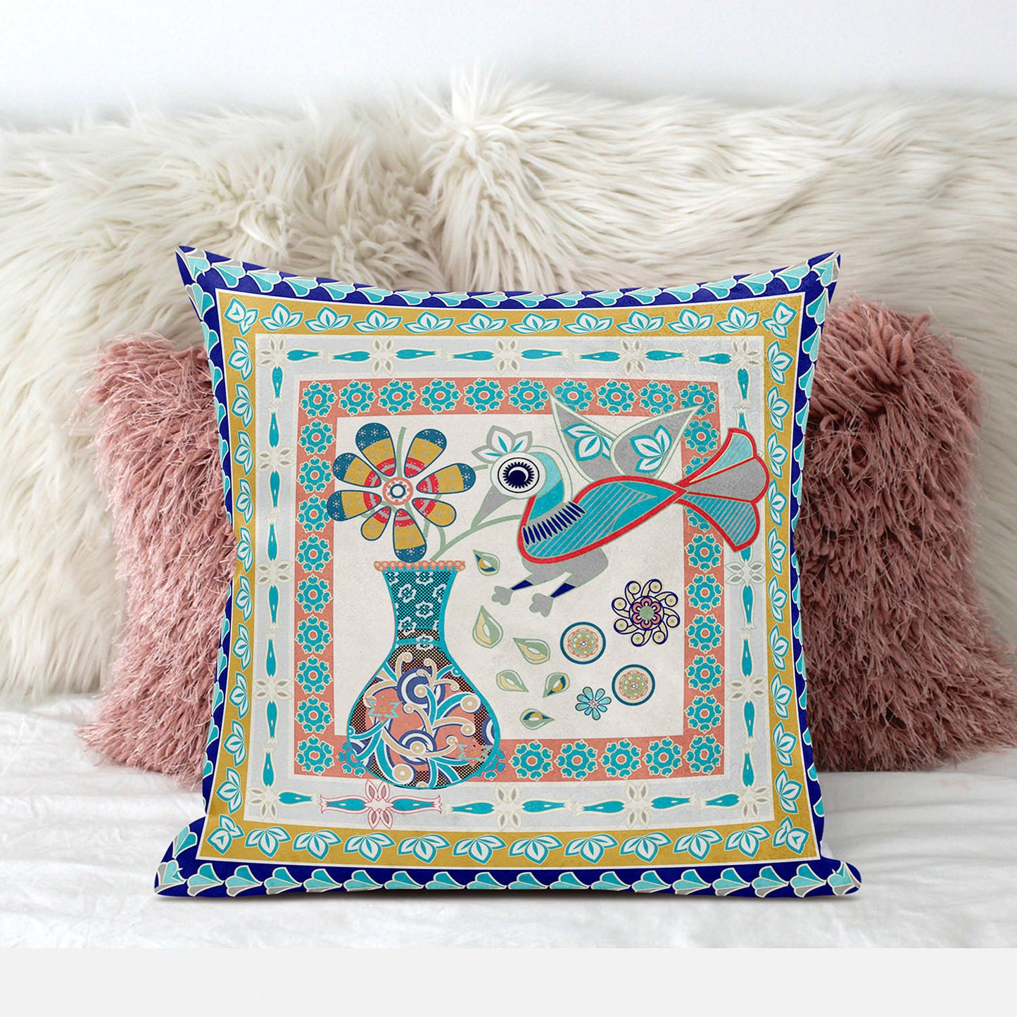 18" X 18" Blue and Gold Peacock Broadcloth Floral Zippered Pillow