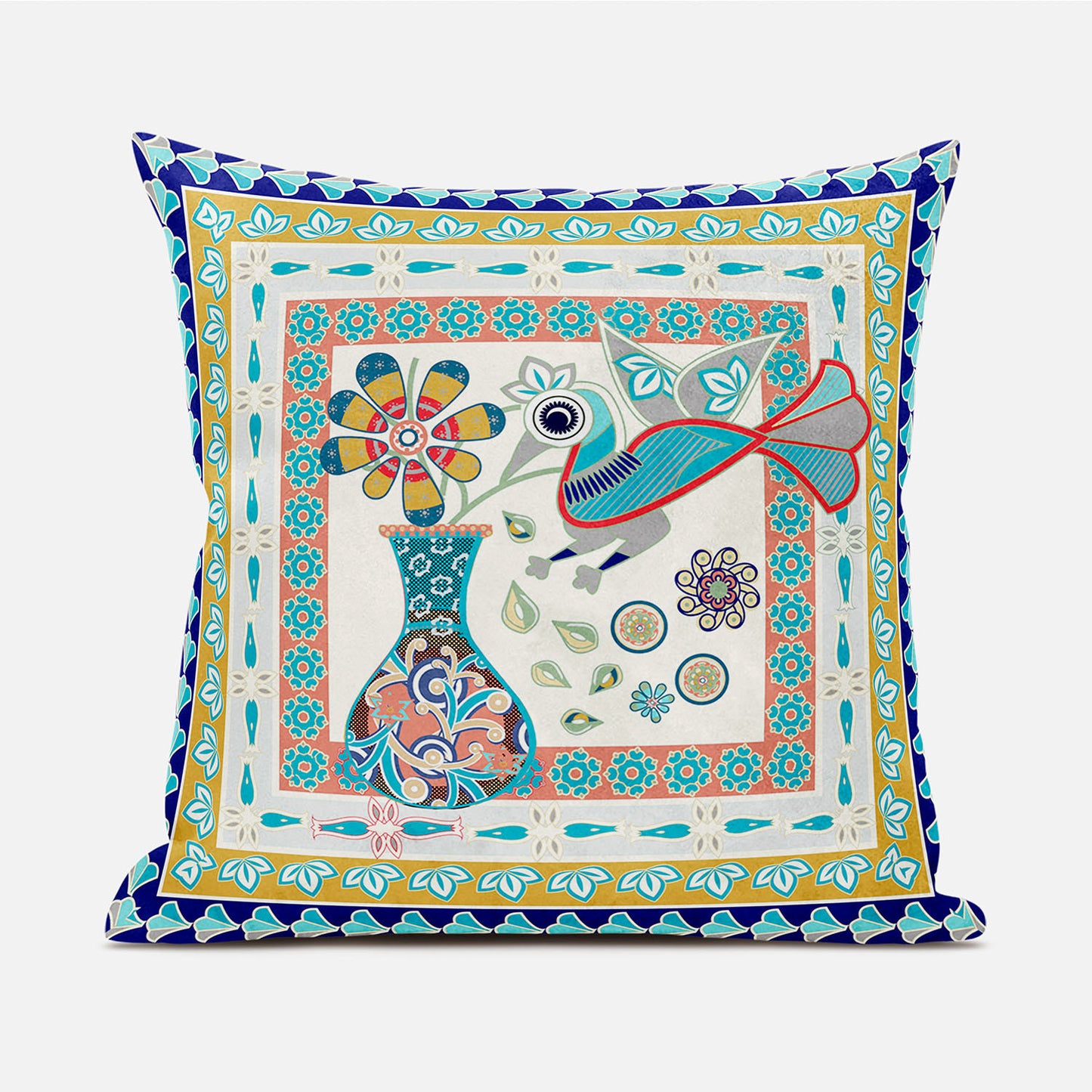 18" X 18" Blue and Gold Peacock Broadcloth Floral Zippered Pillow
