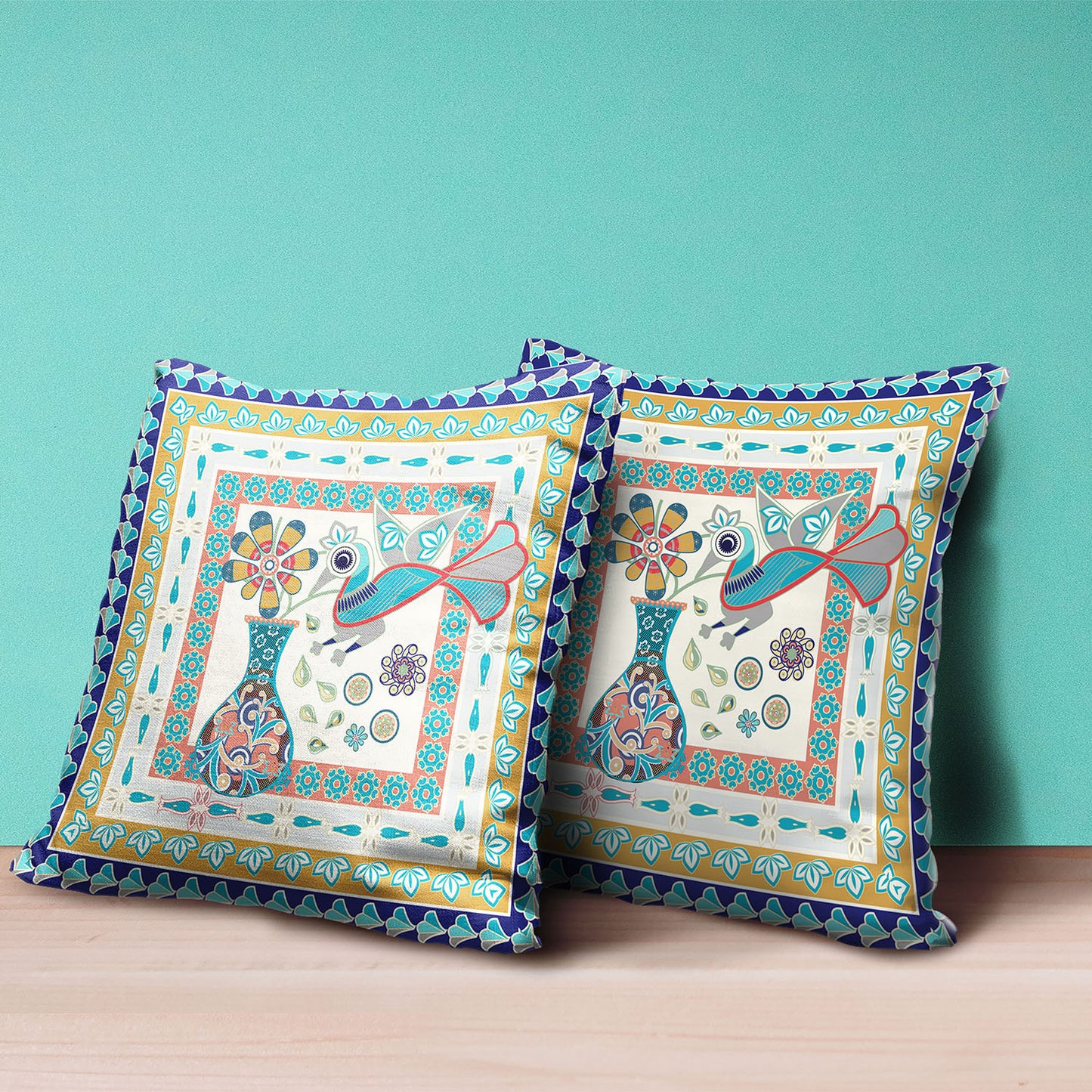 18" X 18" Blue and Gold Peacock Broadcloth Floral Zippered Pillow