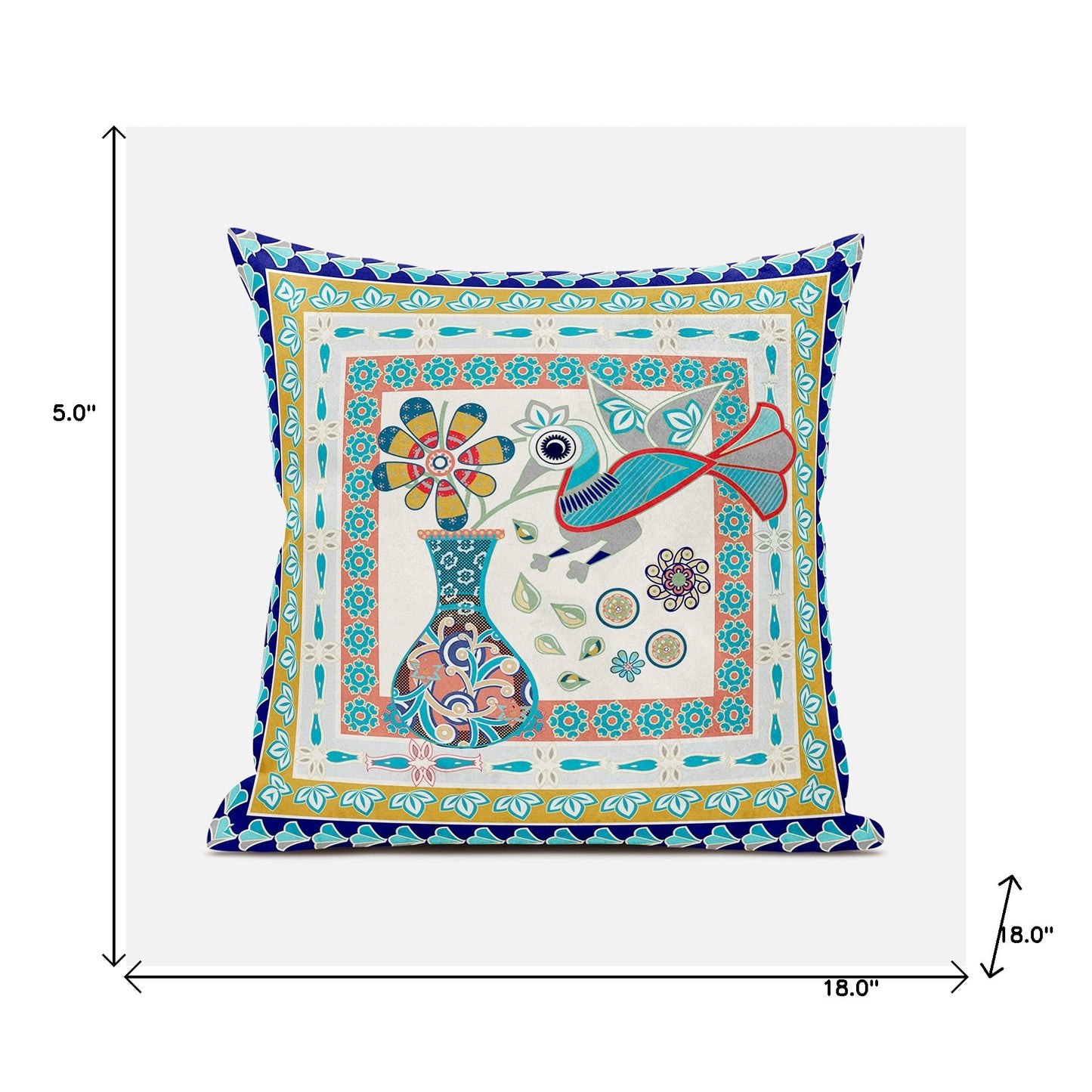 18" X 18" Blue and Gold Peacock Broadcloth Floral Zippered Pillow