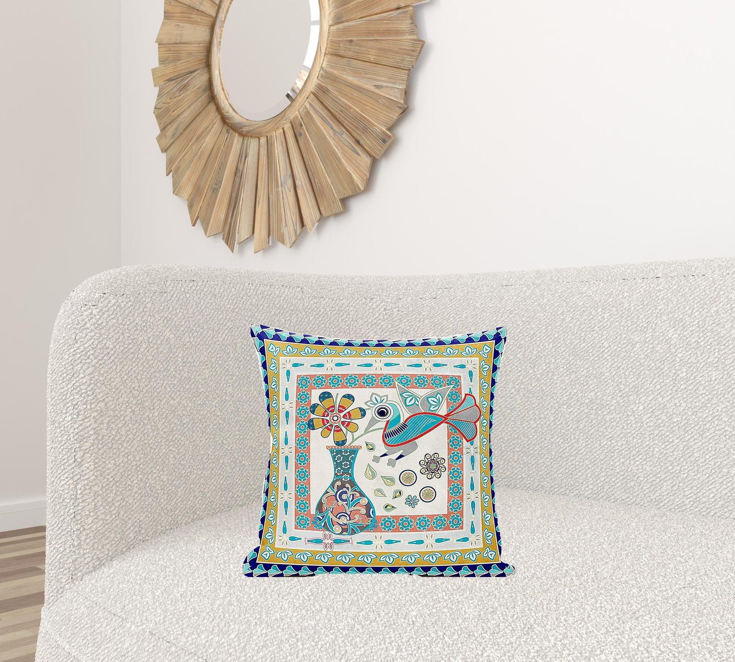 18" X 18" Blue and Gold Peacock Broadcloth Floral Zippered Pillow