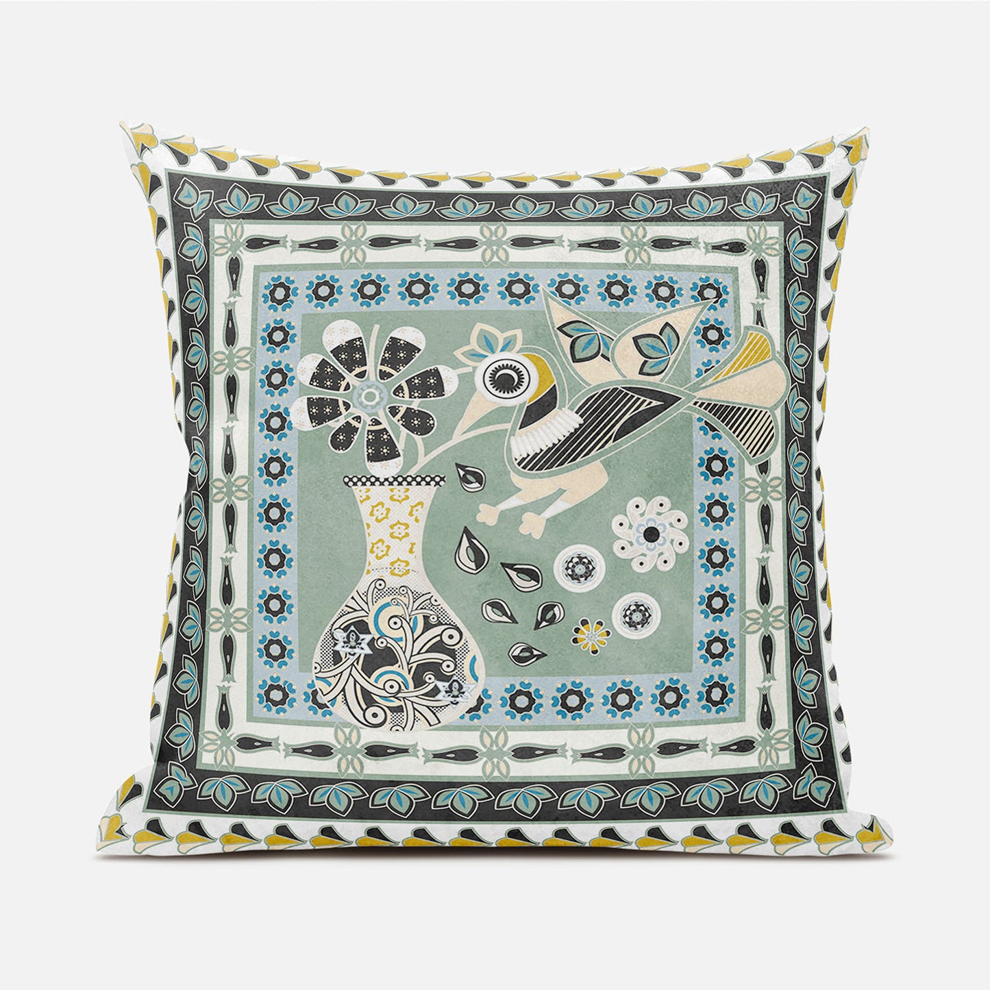16" X 16" Green and Black Peacock Broadcloth Floral Zippered Pillow