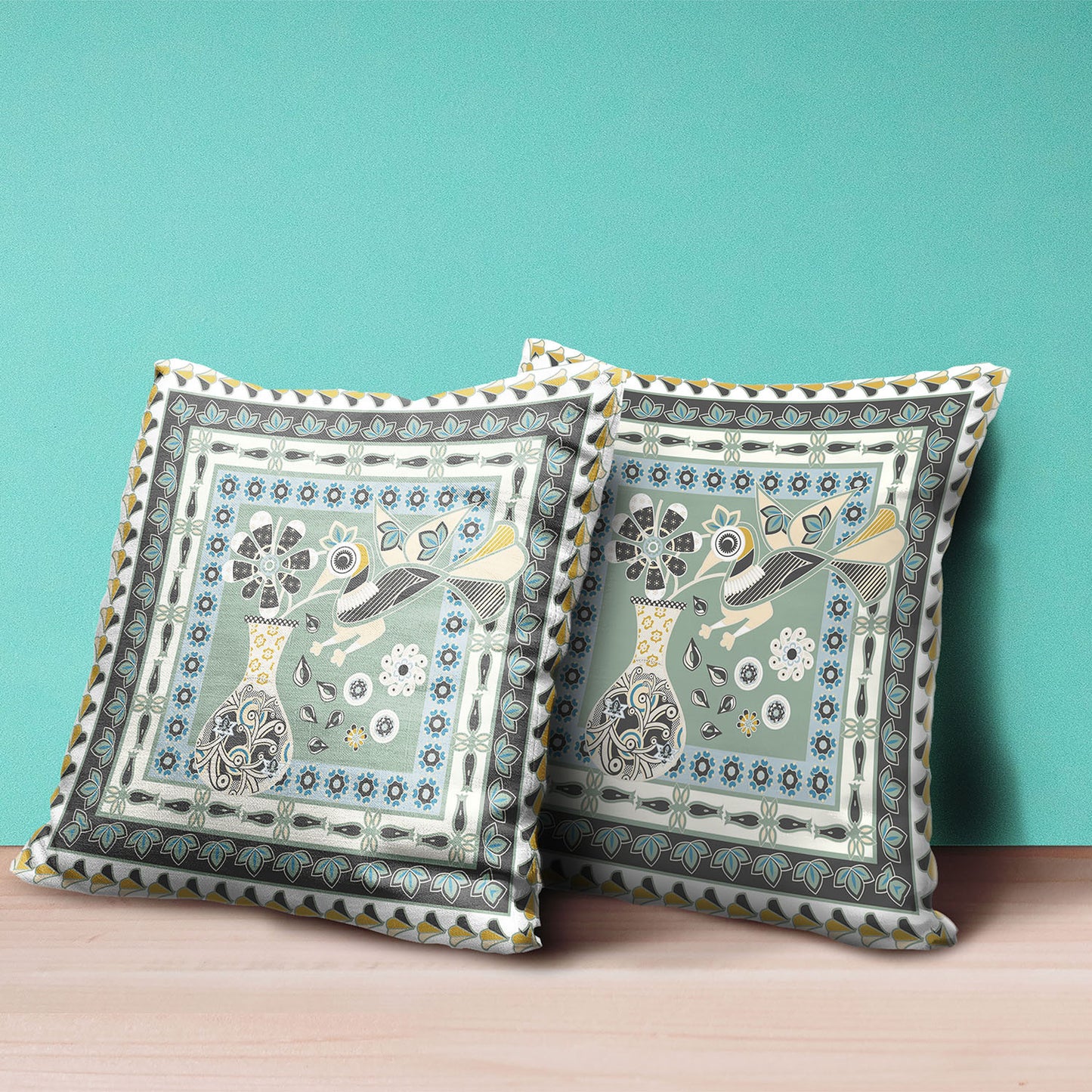 20" X 20" Green and Black Peacock Broadcloth Floral Zippered Pillow