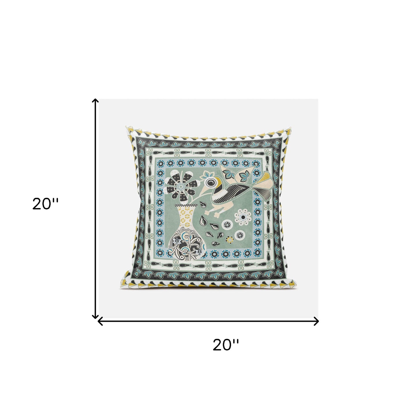 20" X 20" Green and Black Peacock Broadcloth Floral Zippered Pillow