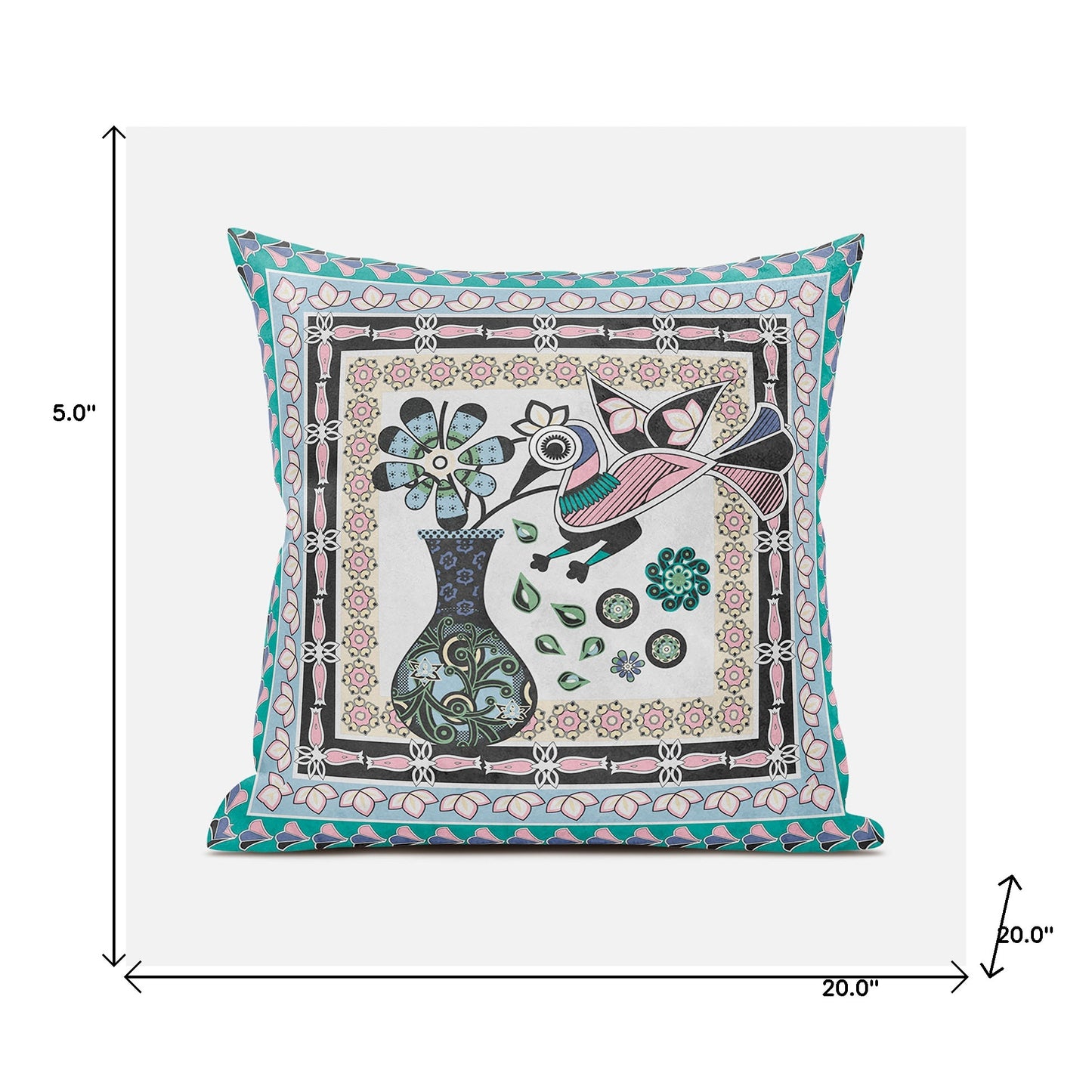 20" X 20" Black and Gray Peacock Broadcloth Floral Zippered Pillow