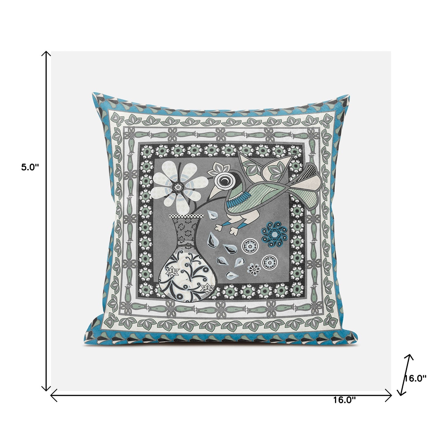 16" X 16" Black Gray and White Peacock Broadcloth Floral Zippered Pillow