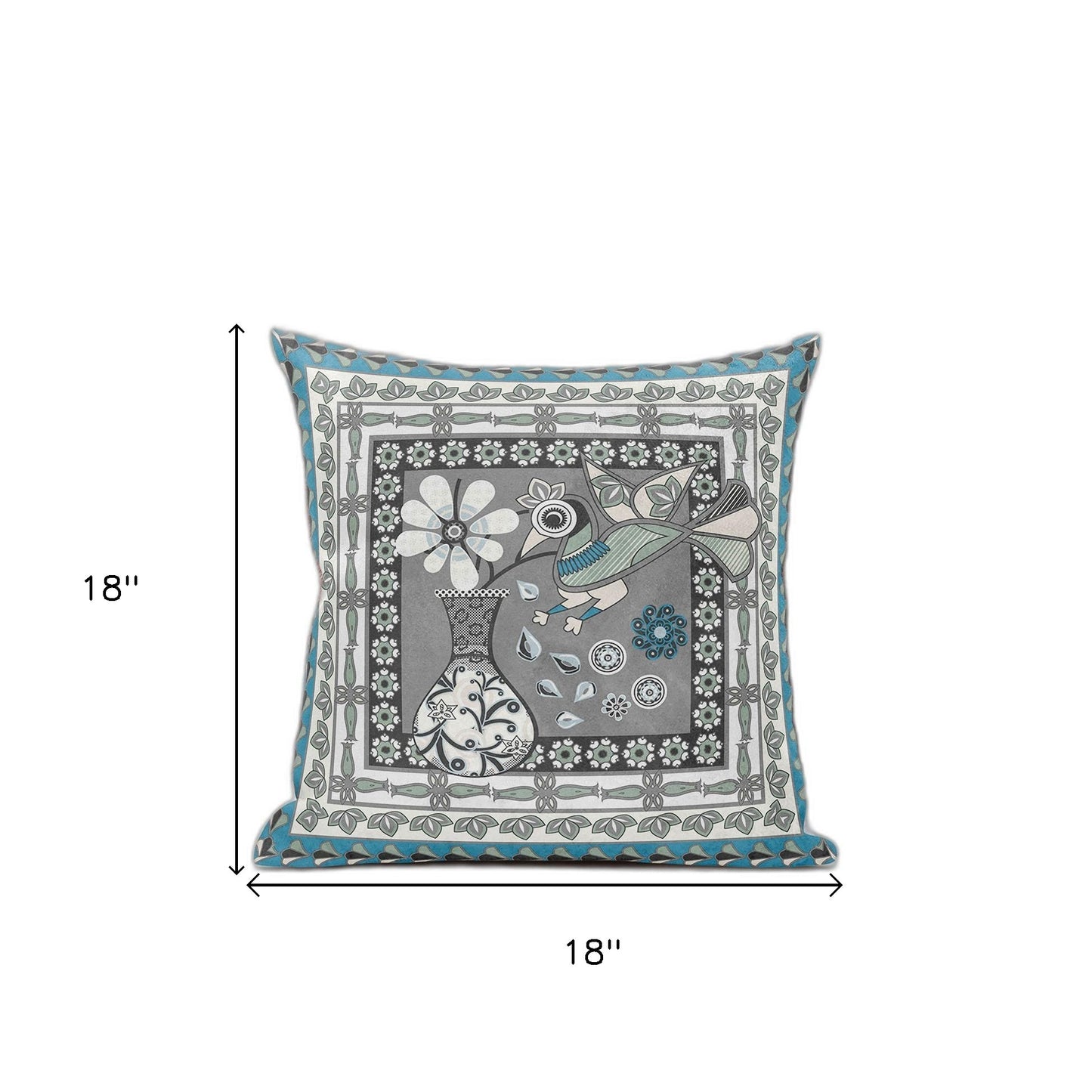 18" X 18" Black Gray and White Peacock Broadcloth Floral Zippered Pillow