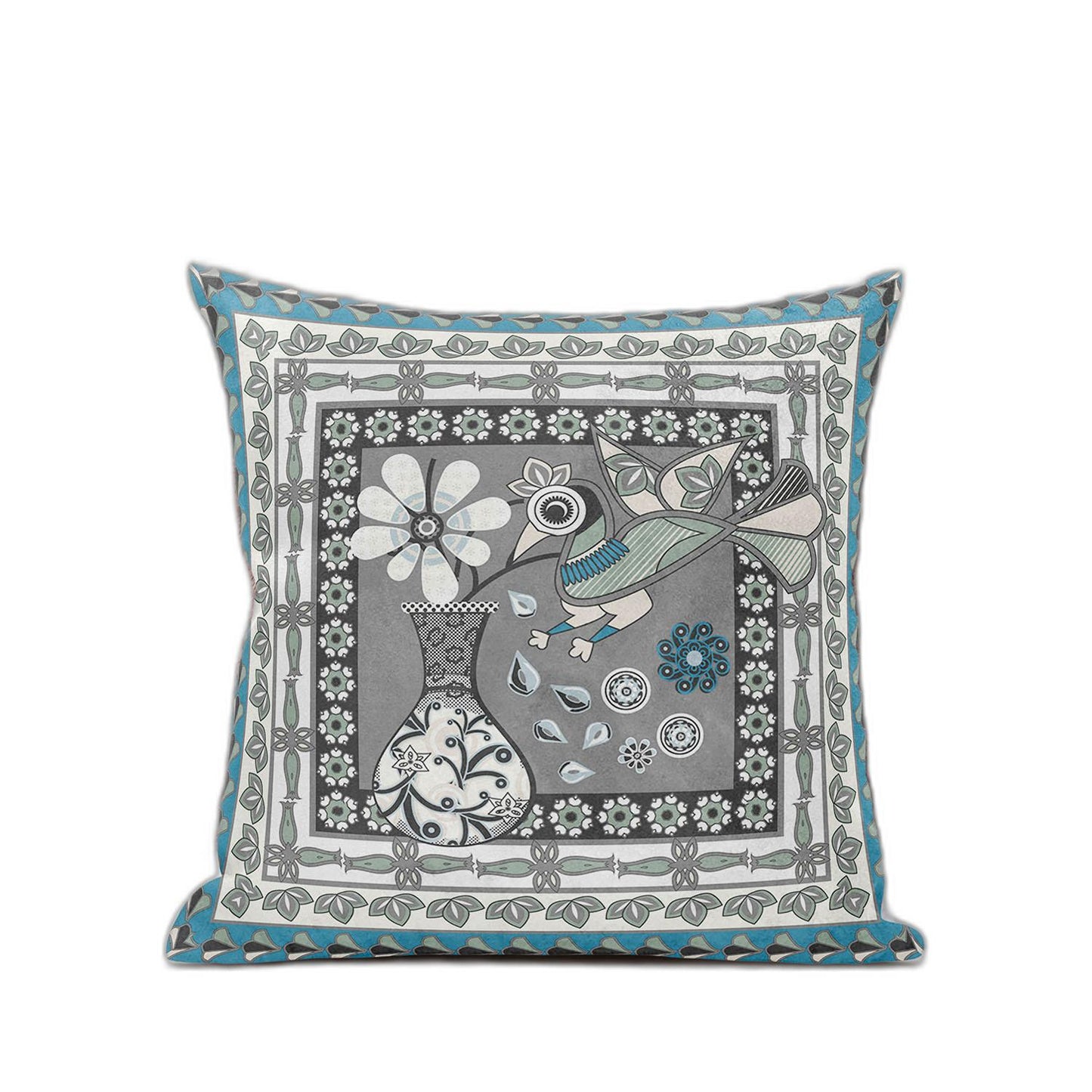 20" X 20" Black Gray and White Peacock Broadcloth Floral Zippered Pillow