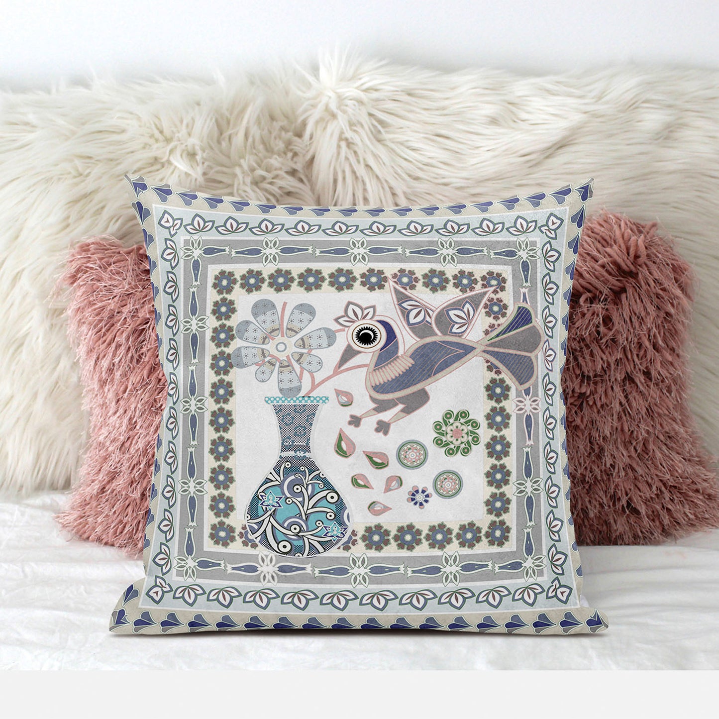 18" X 18" Blue and Gray Peacock Broadcloth Floral Zippered Pillow